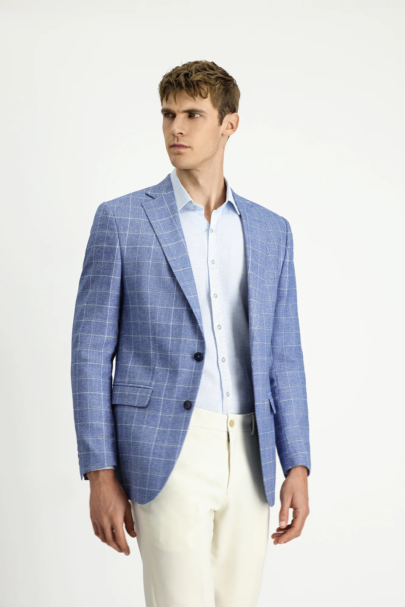 Koyu Mavi  7 Drop Super Slim Fit Eksra Dar Kesim Kareli Keten Karışımlı Ceket - Image 4