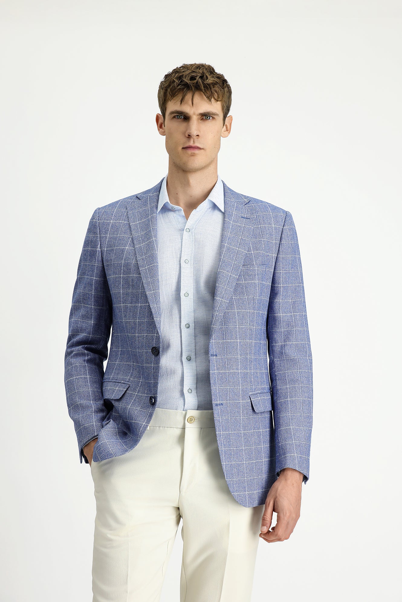 Koyu Mavi  7 Drop Super Slim Fit Eksra Dar Kesim Kareli Keten Karışımlı Ceket - Image 5