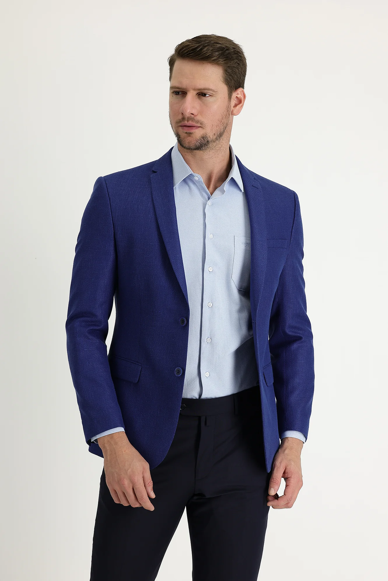 Koyu Mavi  7 Drop Super Slim Fit Eksra Dar Kesim Klasik Desenli Yünlü Keten Ceket - Image 2