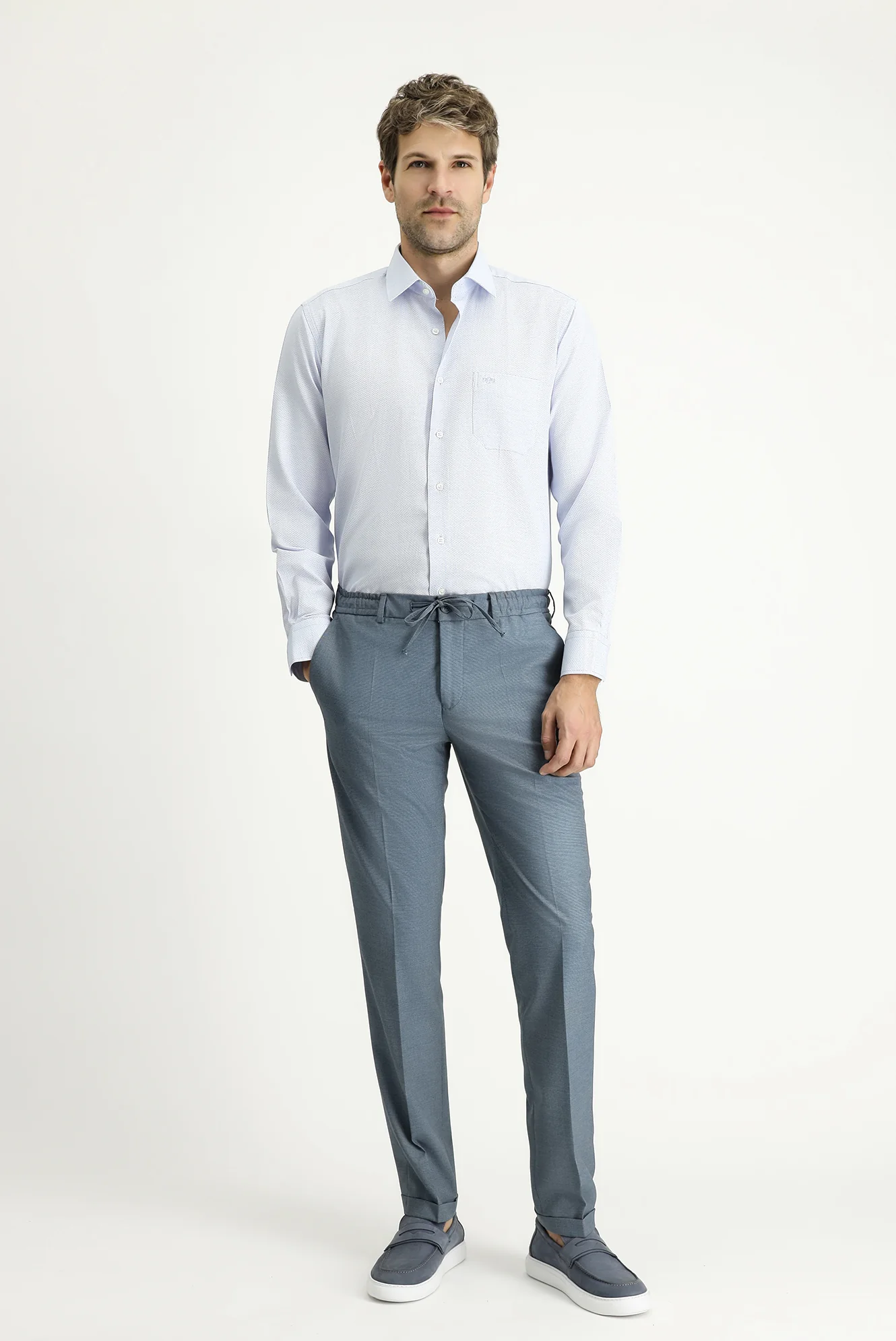 Koyu Mavi 7 Drop Super Slim Fit Eksra Dar Kesim Likralı Beli Lastikli İpli Klasik Kumaş Pantolon
