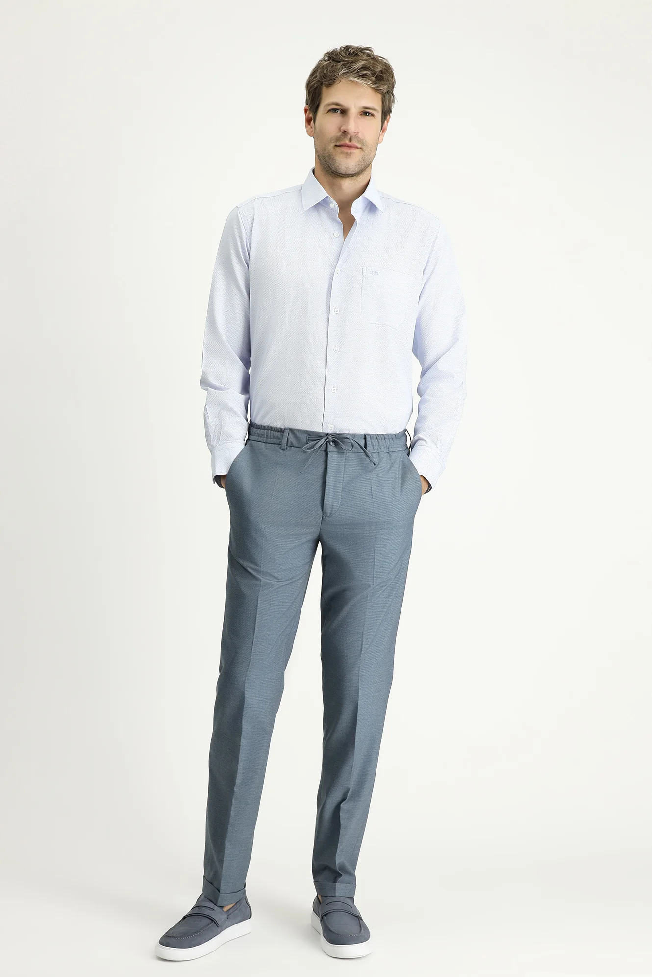 Koyu Mavi 7 Drop Super Slim Fit Eksra Dar Kesim Likralı Beli Lastikli İpli Klasik Kumaş Pantolon - Image 2