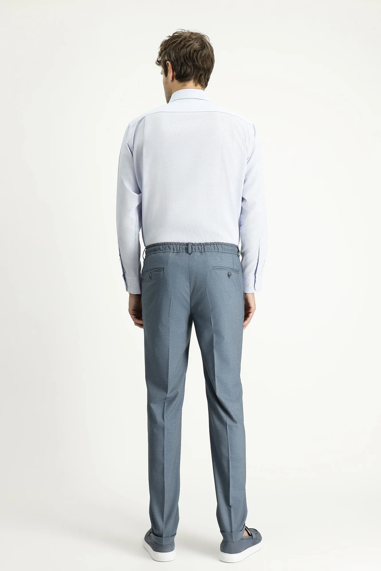 Koyu Mavi 7 Drop Super Slim Fit Eksra Dar Kesim Likralı Beli Lastikli İpli Klasik Kumaş Pantolon - Image 4