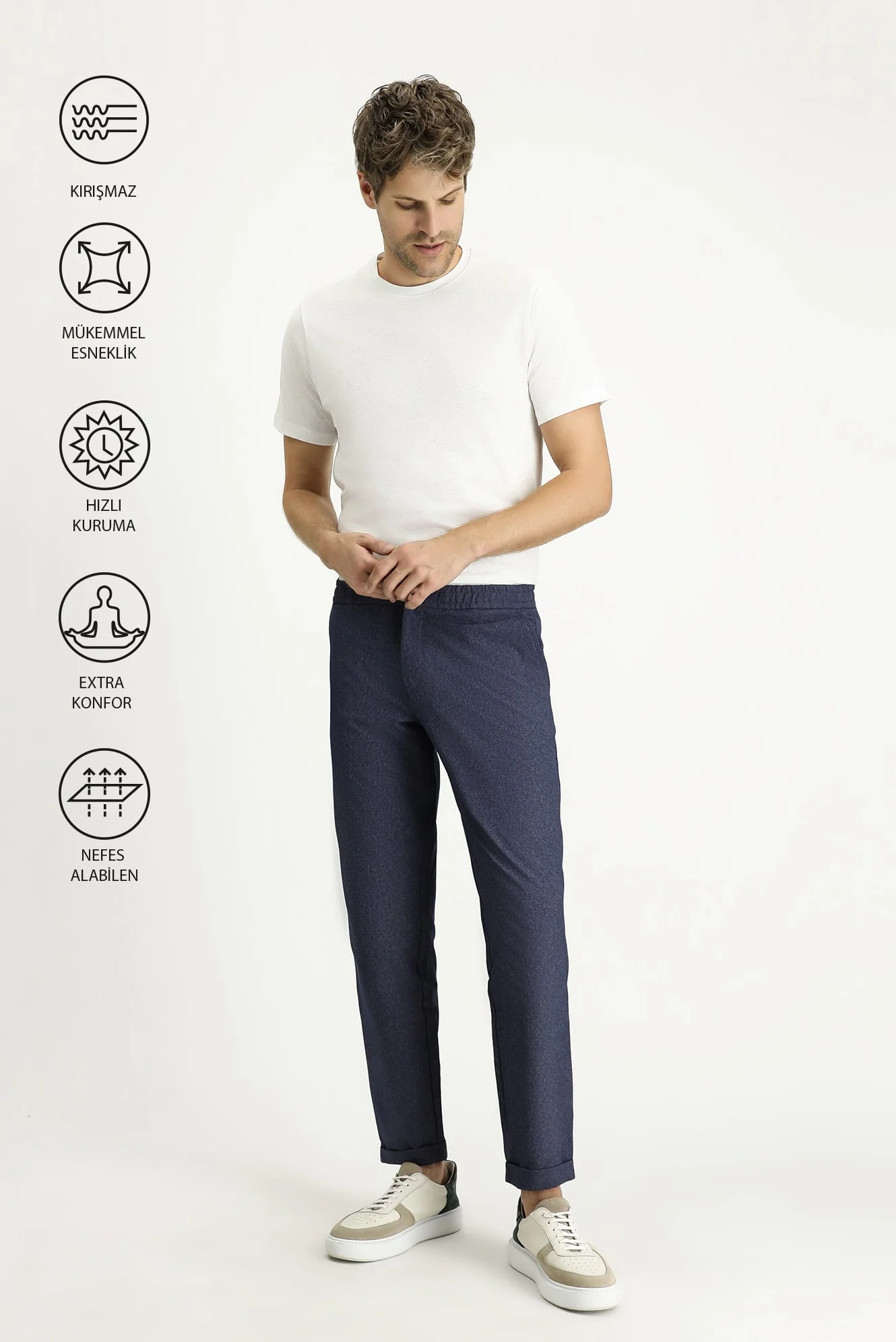 Koyu Mavi Techno-Line 7 Drop Super Slim Fit Eksra Dar Kesim Beli Lastikli Desenli Klasik Kumaş Pantolon