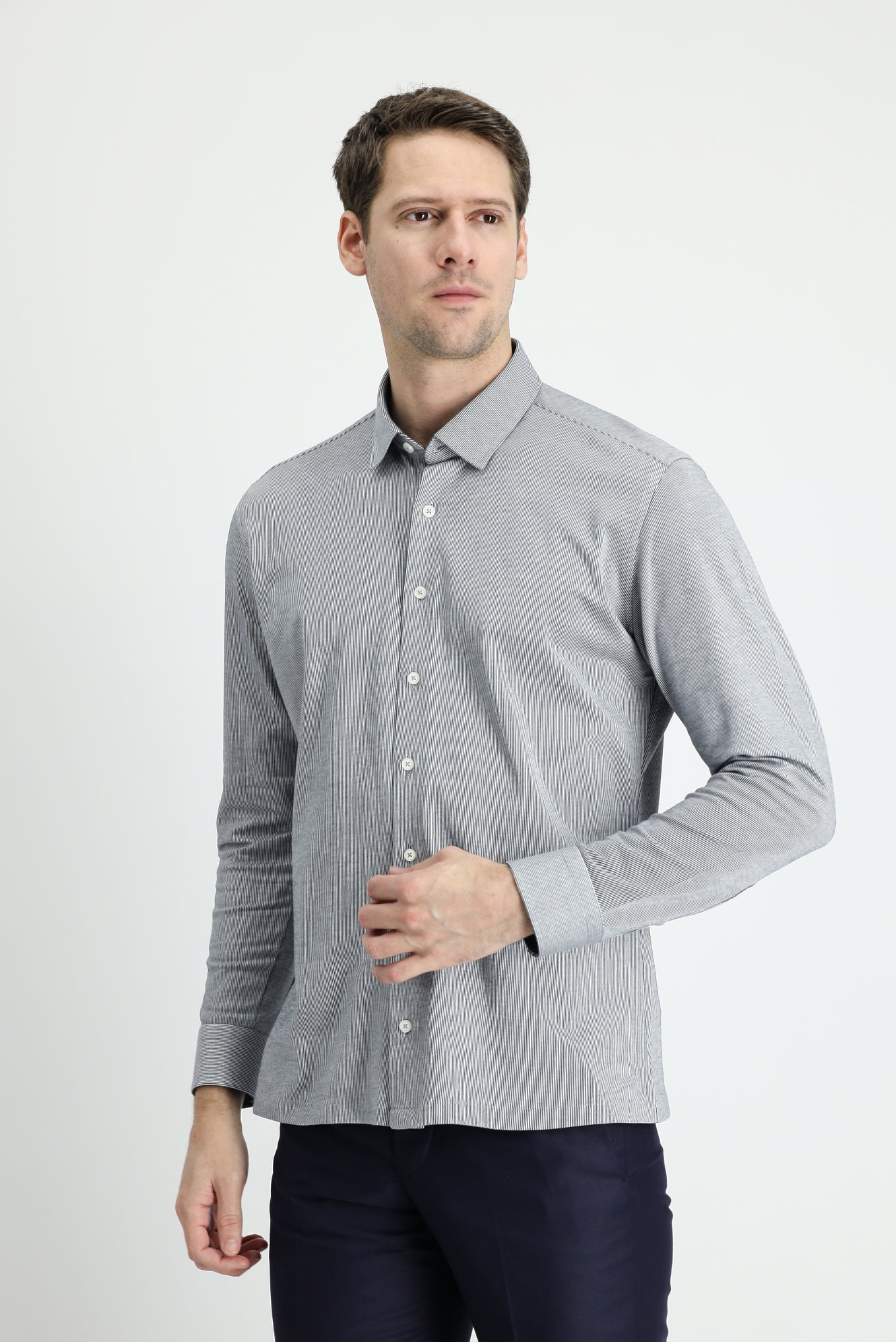 Koyu Mavi  Uzun Kol Çizgili Slim Fit Gömlek