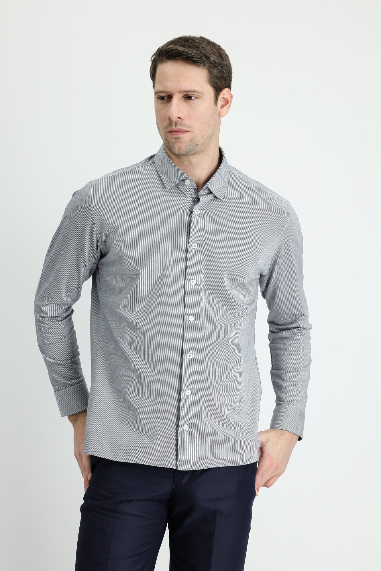 Koyu Mavi  Uzun Kol Çizgili Slim Fit Gömlek - Image 2