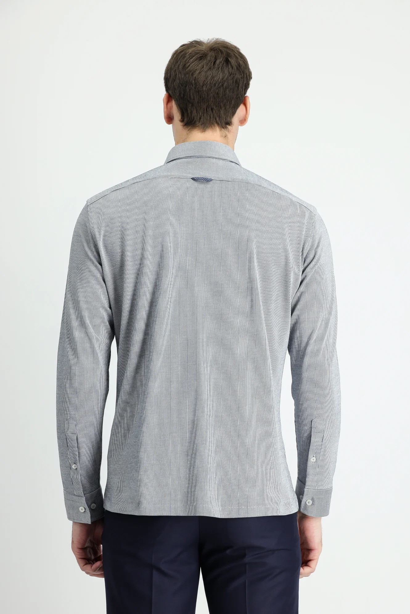 Koyu Mavi  Uzun Kol Çizgili Slim Fit Gömlek - Image 3