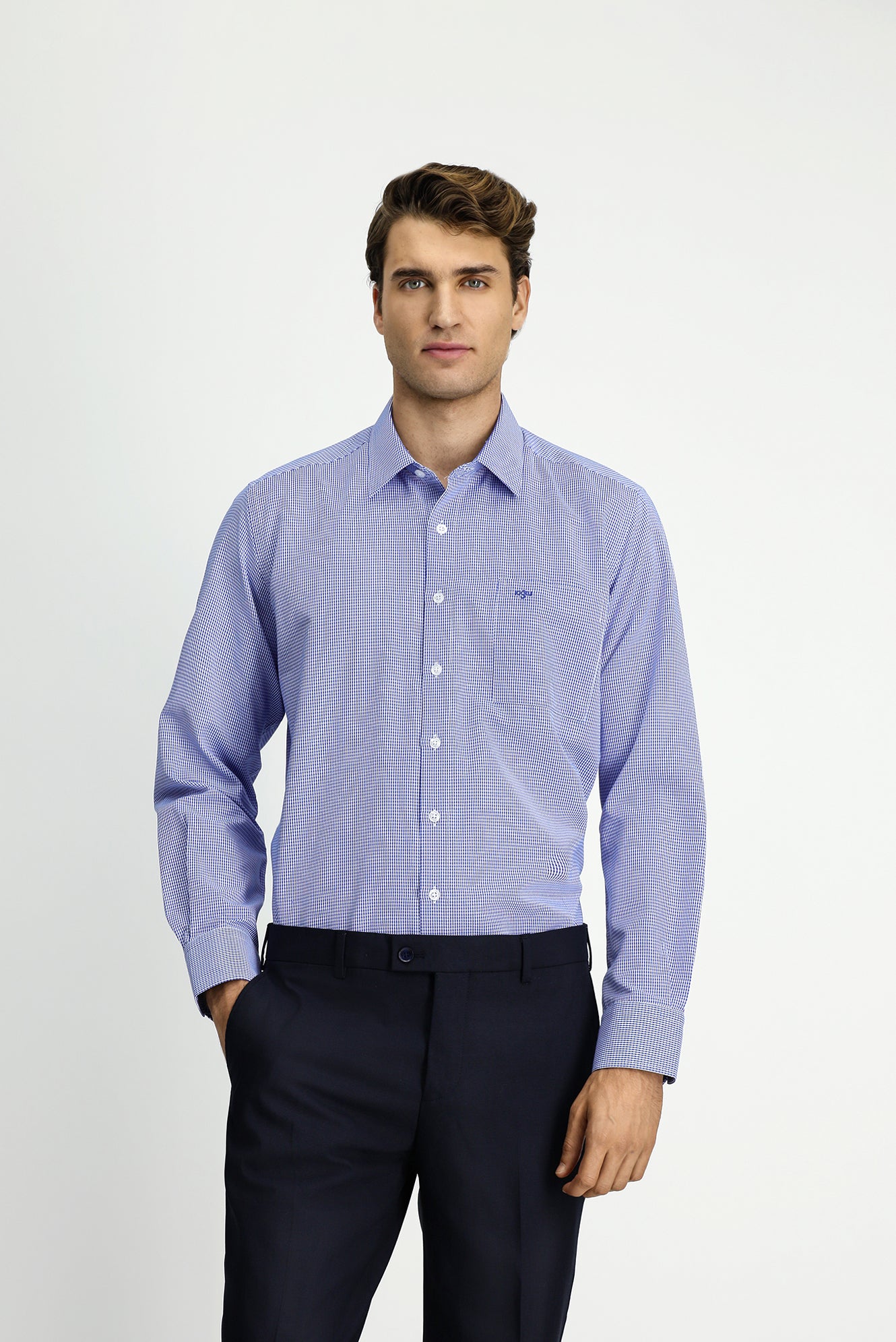 Koyu Mavi  Uzun Kol Klasik Desenli Cepli Pamuklu Kolay Ütülenebilir Gömlek