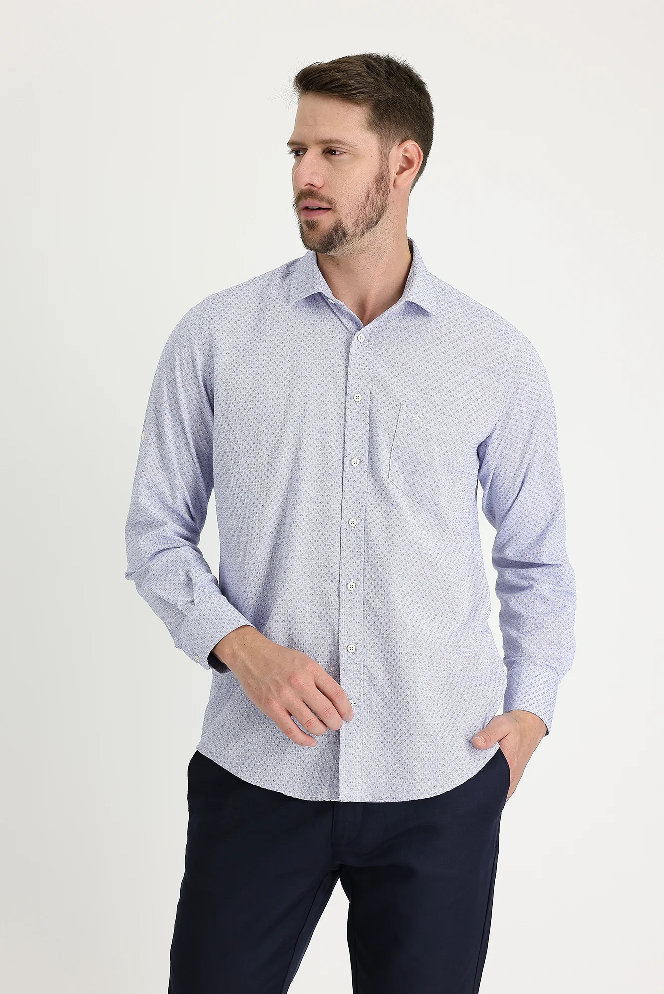 Koyu Mavi  Uzun Kol Relaxed Fit Rahat Kesim Desenli Gömlek