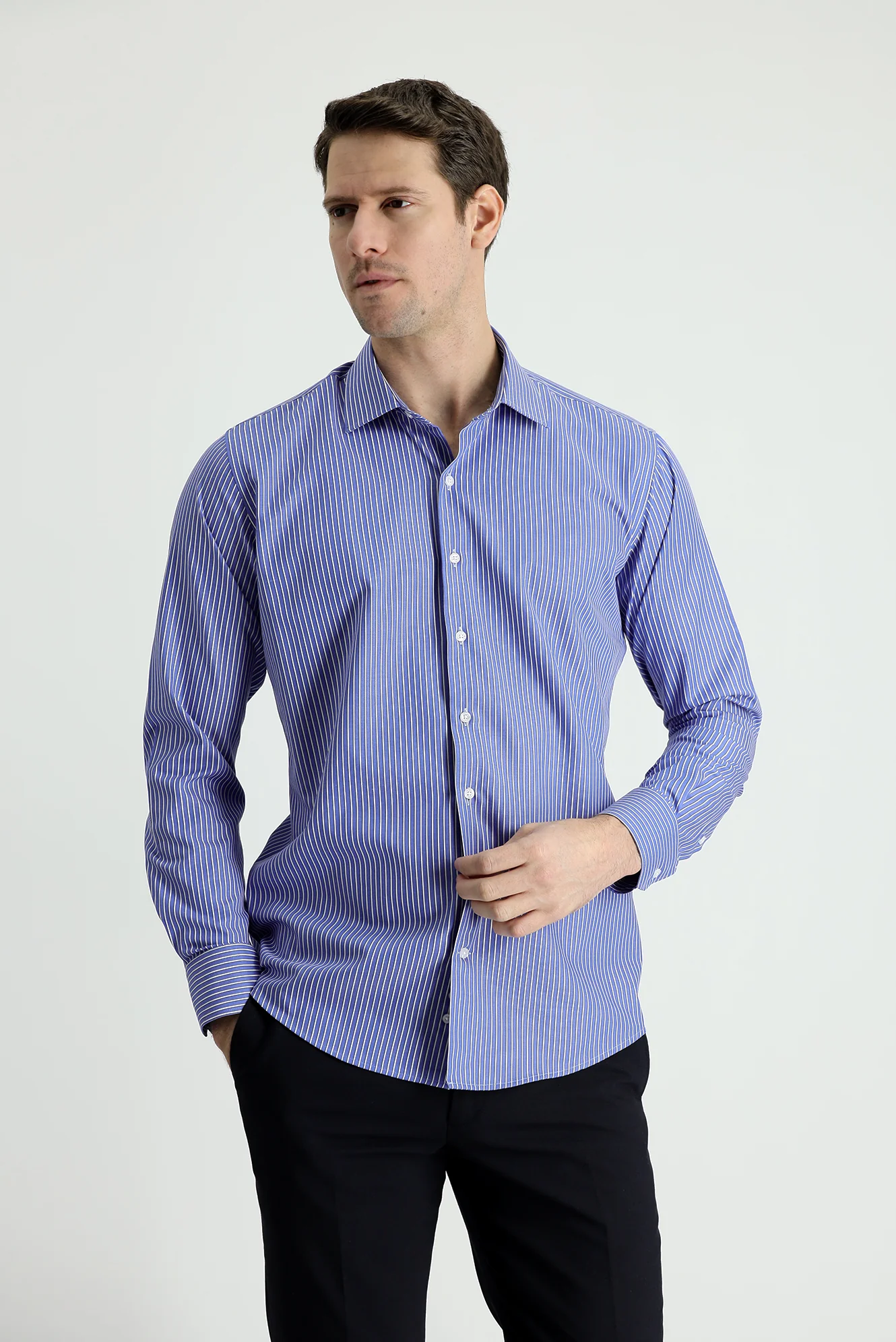 Koyu Mavi  Uzun Kol Slim Fit Dar Kesim Çizgili Gömlek - Image 2