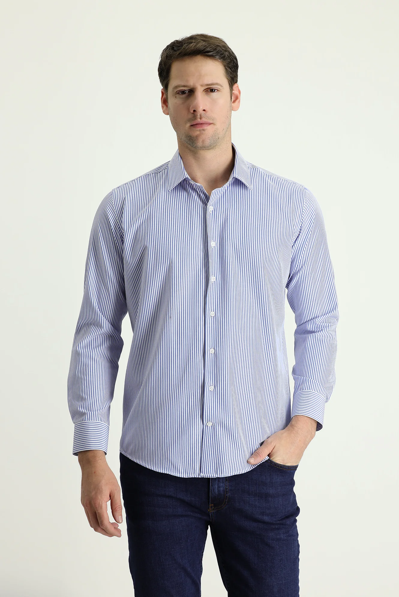 Koyu Mavi  Uzun Kol Slim Fit Dar Kesim Çizgili Pamuklu Gömlek