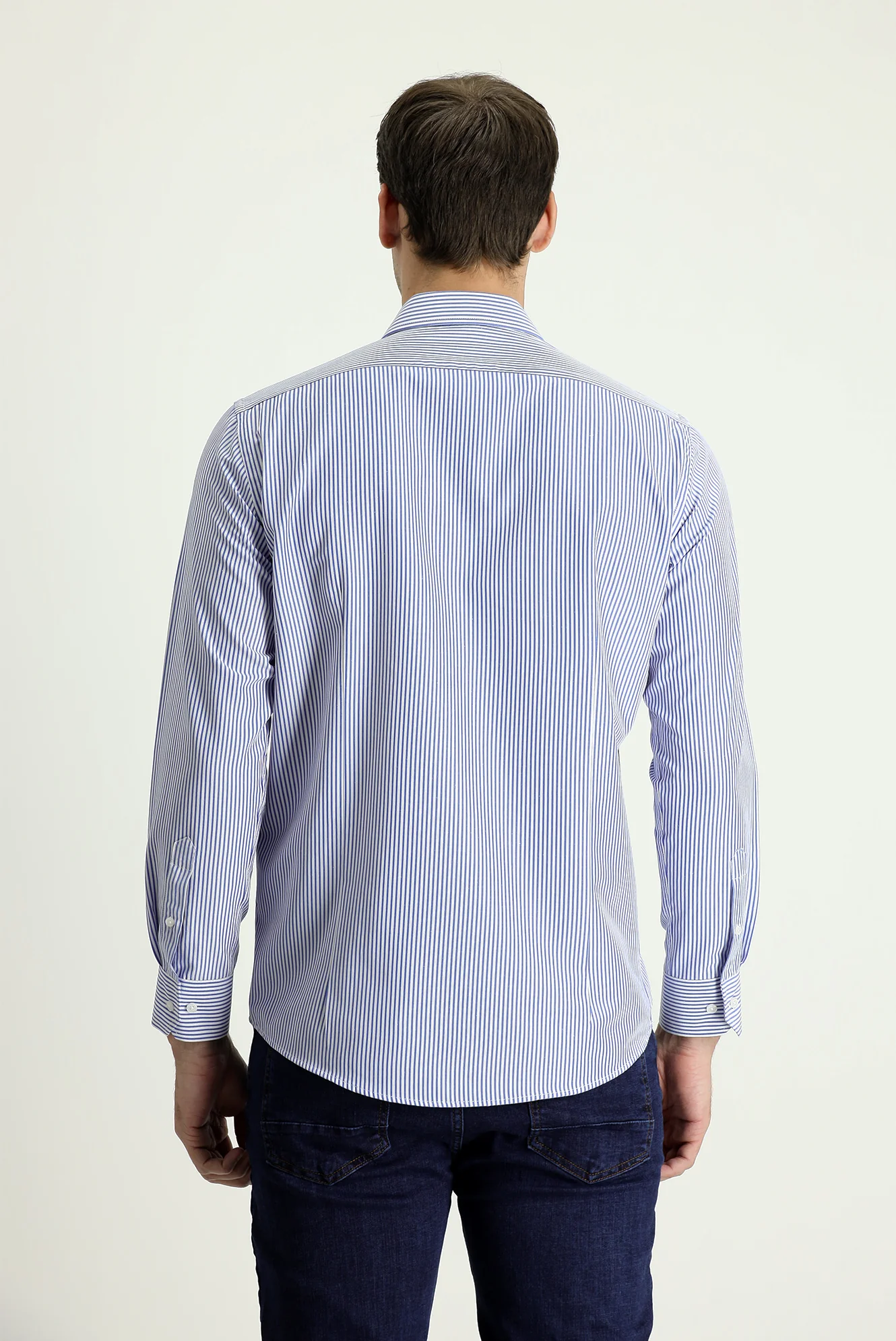 Koyu Mavi  Uzun Kol Slim Fit Dar Kesim Çizgili Pamuklu Gömlek - Image 3