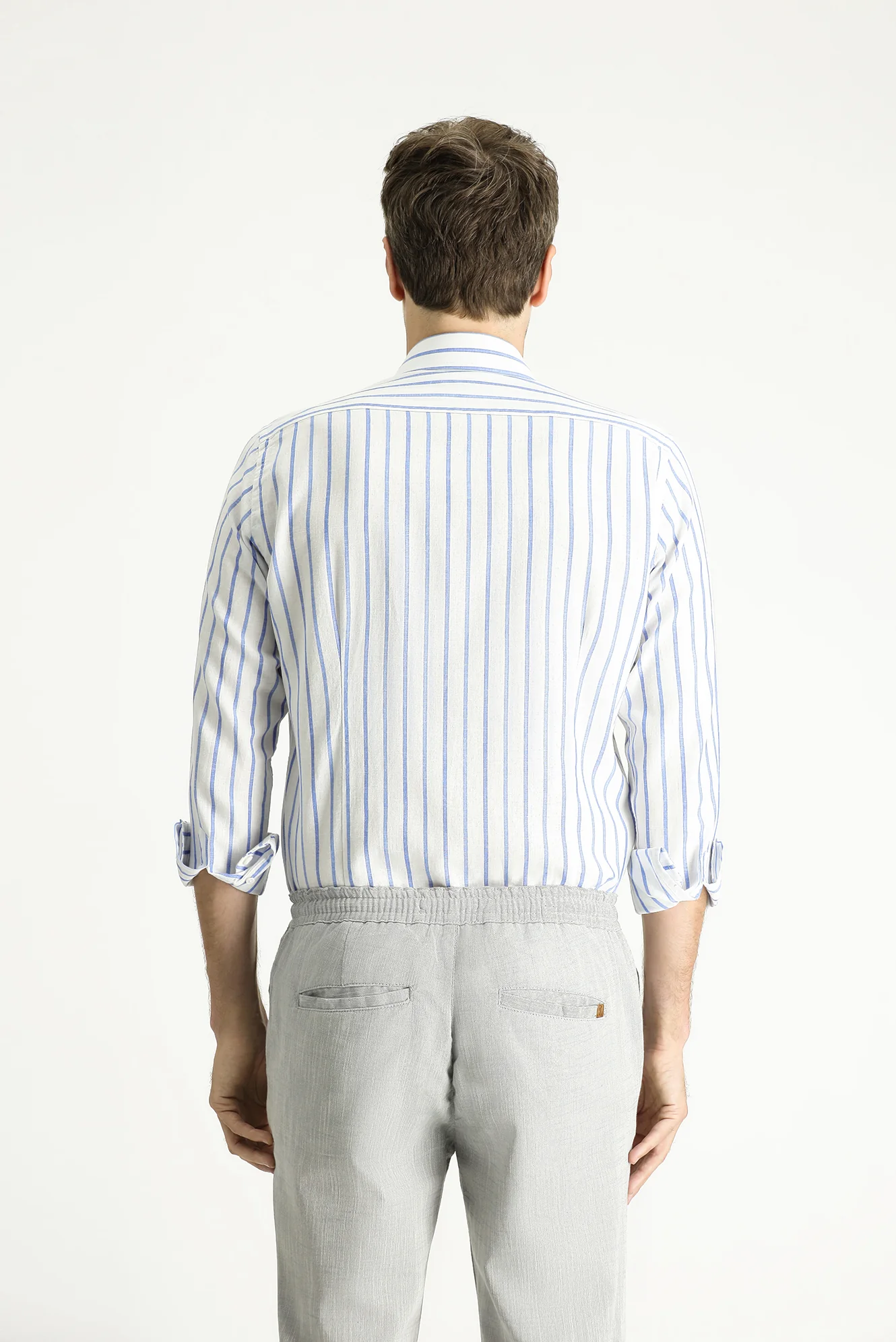 Koyu Mavi  Uzun Kol Slim Fit Dar Kesim Çizgili Spor Keten Karışımlı Pamuklu Gömlek - Image 5