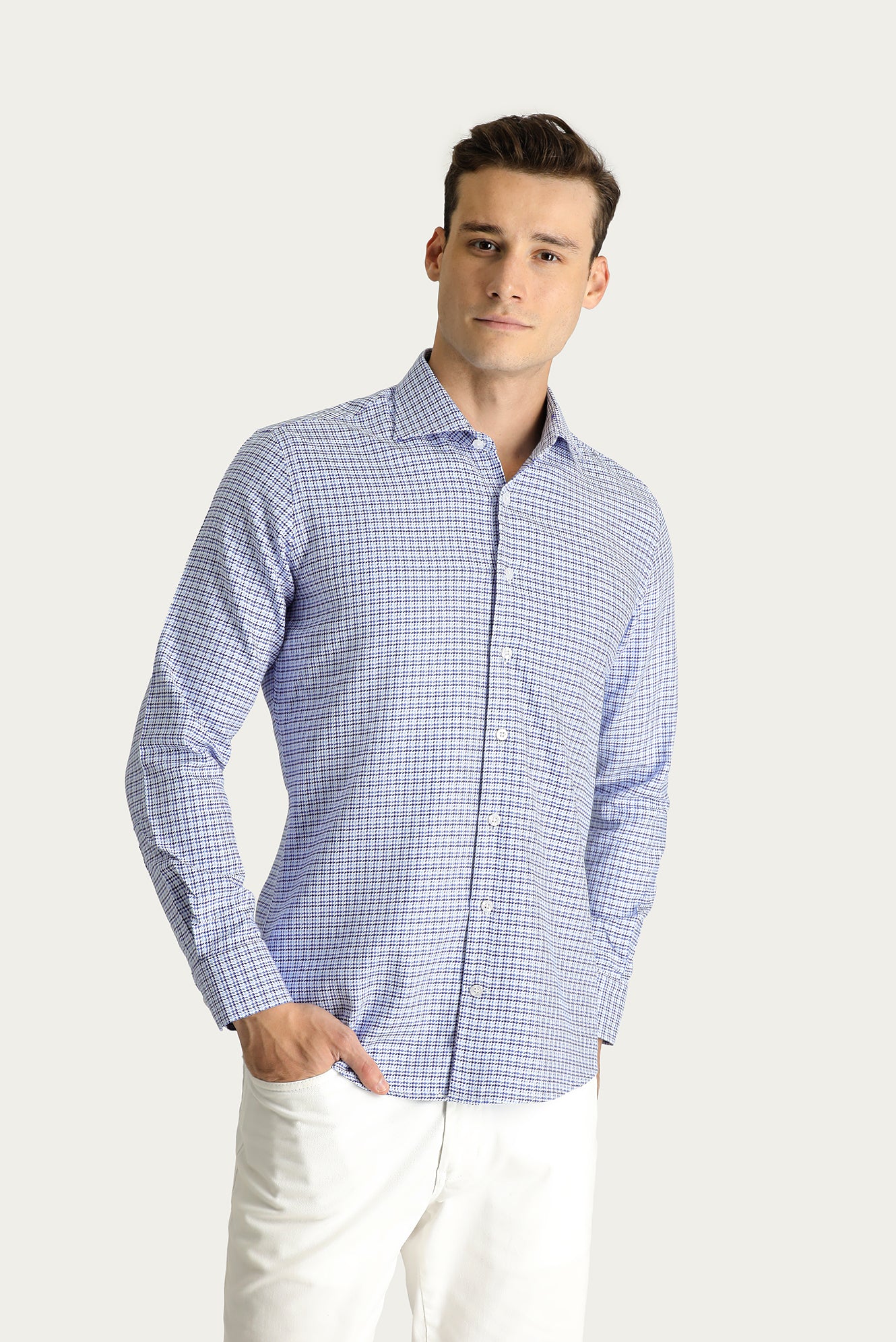 Koyu Mavi  Uzun Kol Slim Fit Dar Kesim Desenli Pamuk Gömlek