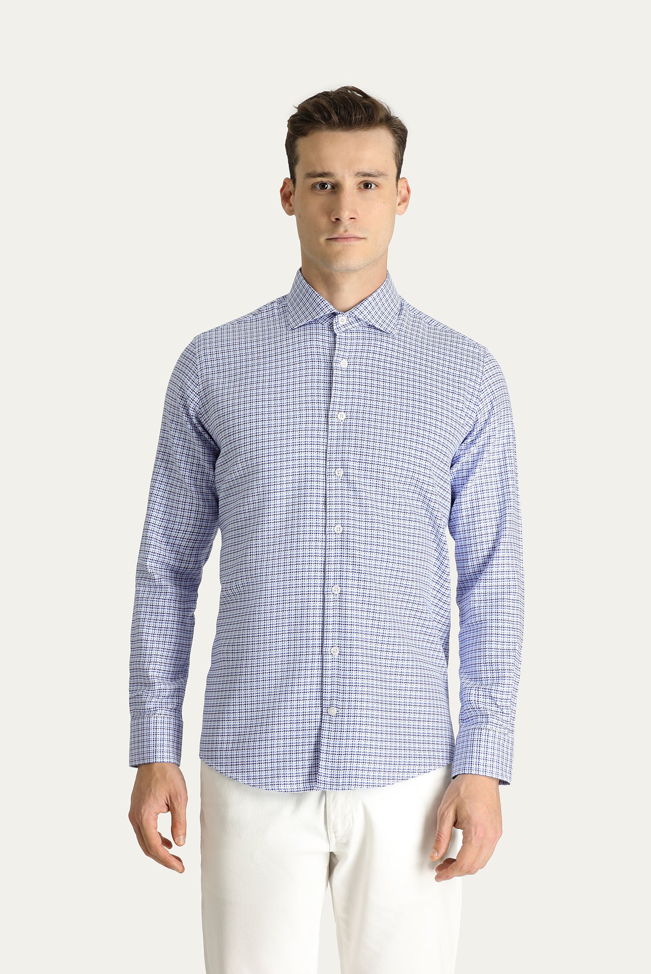 Koyu Mavi  Uzun Kol Slim Fit Dar Kesim Desenli Pamuk Gömlek - Image 2