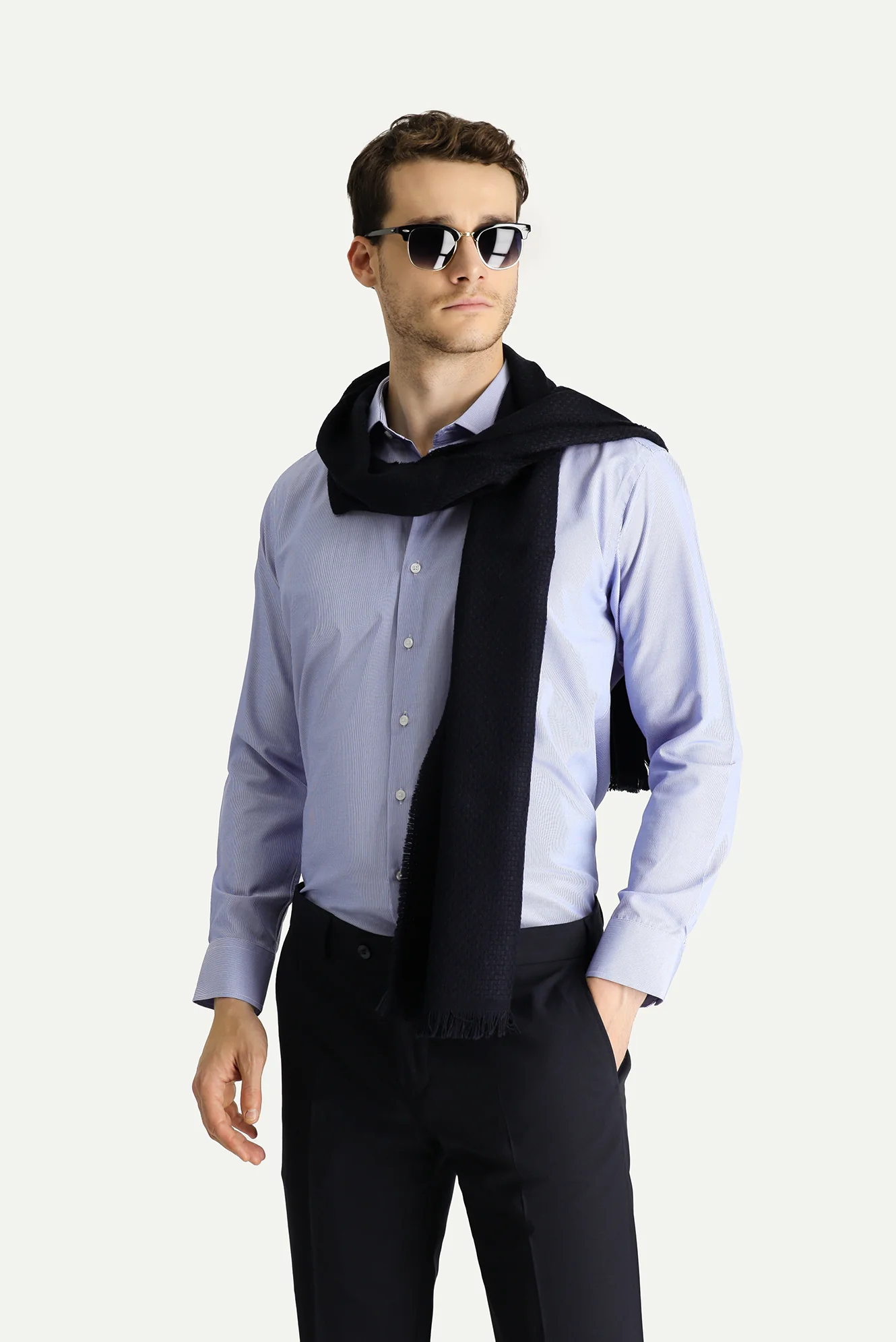 Koyu Mavi Uzun Kol Slim Fit Dar Kesim Klasik Çizgili Pamuklu Kolay Ütülenebilir Gömlek