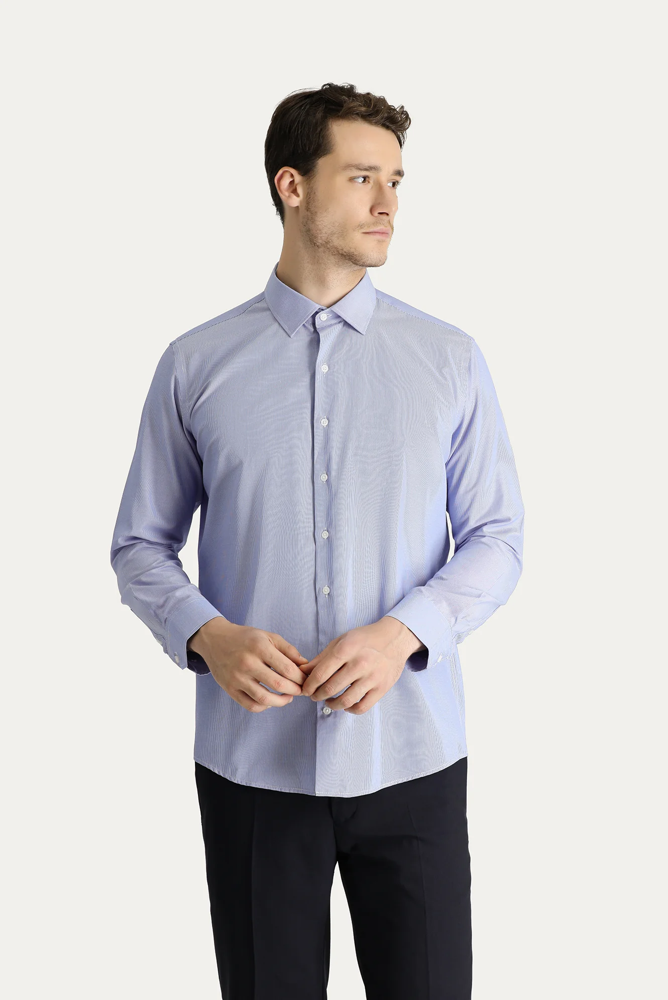 Koyu Mavi Uzun Kol Slim Fit Dar Kesim Klasik Çizgili Pamuklu Kolay Ütülenebilir Gömlek - Image 3