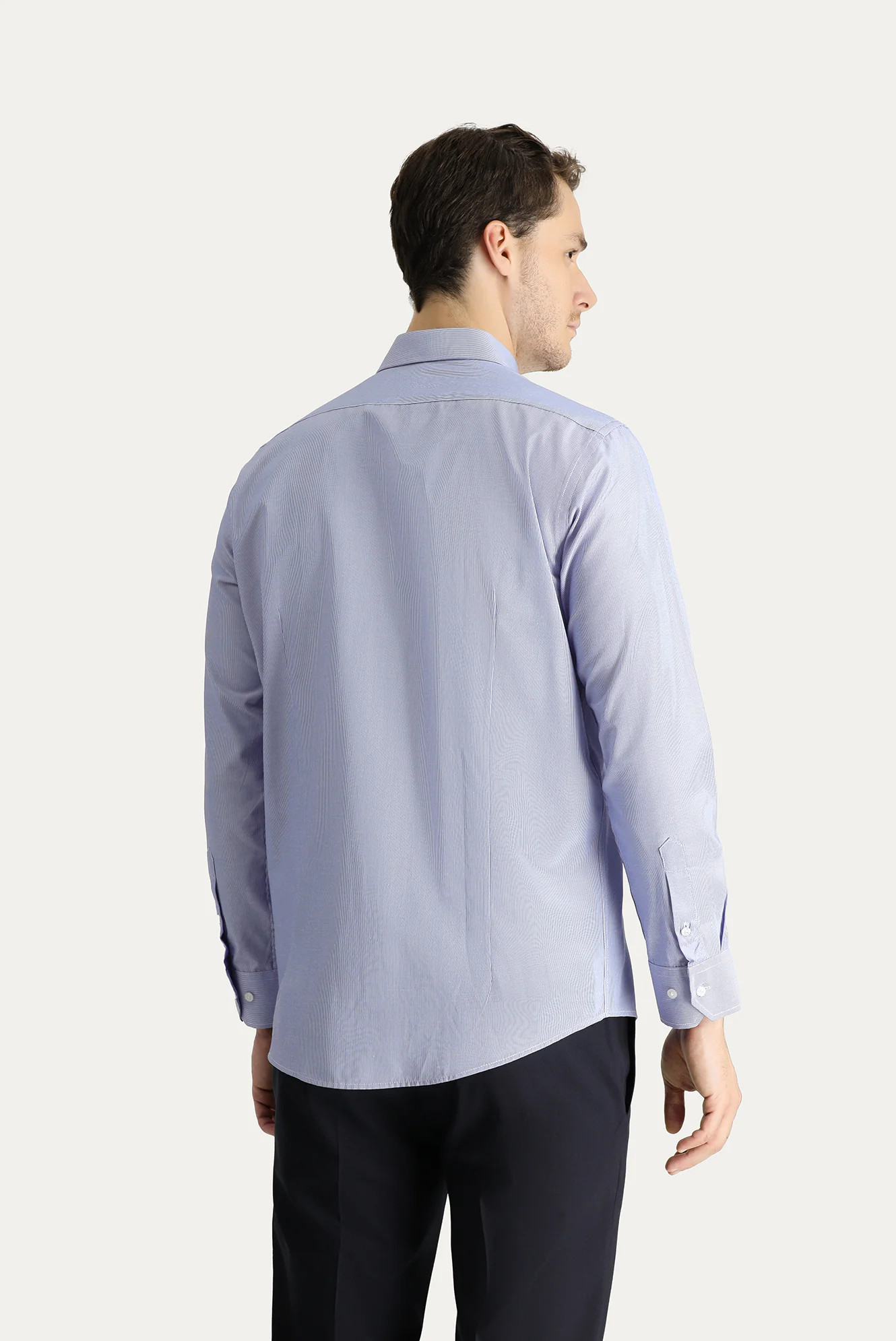 Koyu Mavi Uzun Kol Slim Fit Dar Kesim Klasik Çizgili Pamuklu Kolay Ütülenebilir Gömlek - Image 4