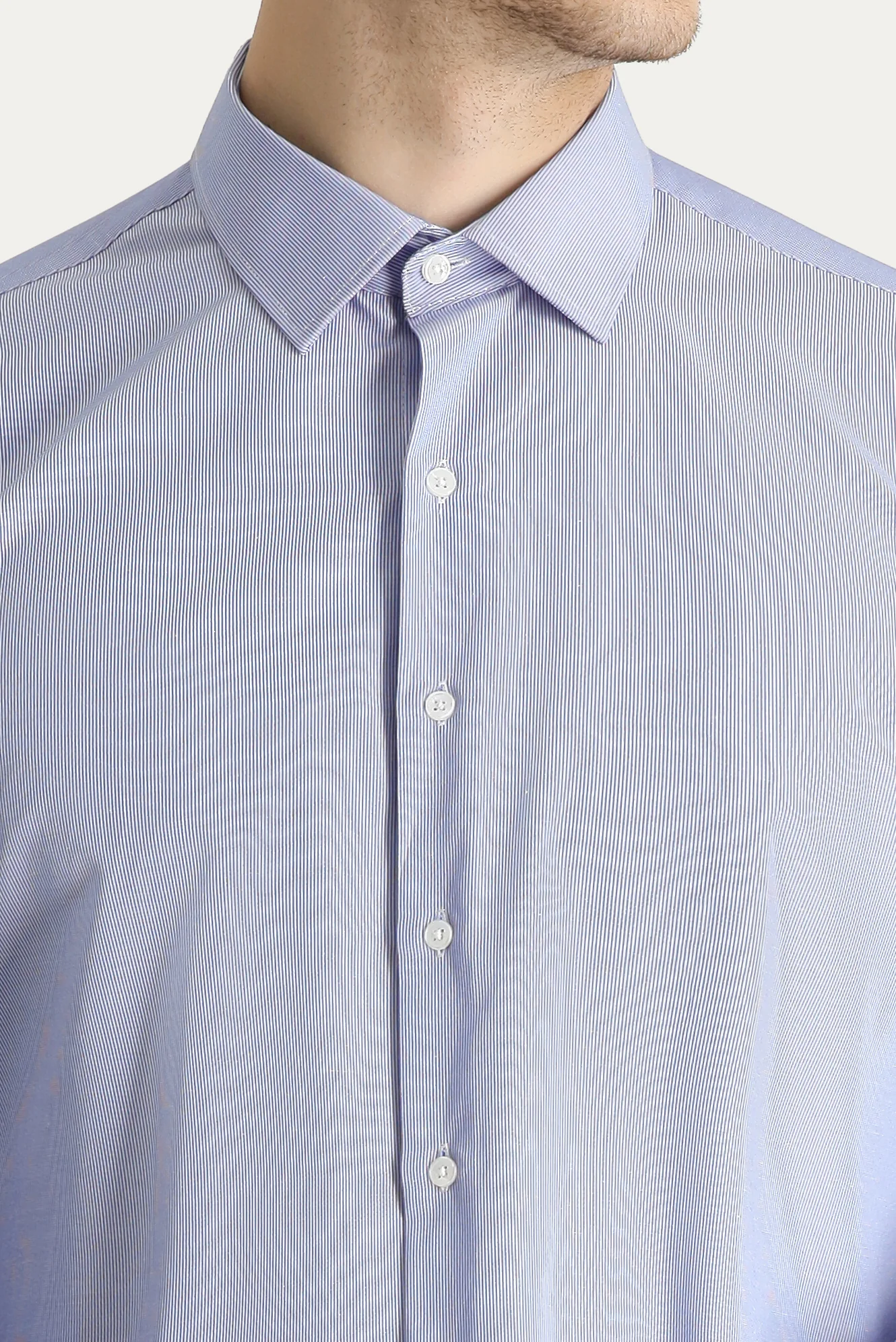 Koyu Mavi Uzun Kol Slim Fit Dar Kesim Klasik Çizgili Pamuklu Kolay Ütülenebilir Gömlek - Image 5