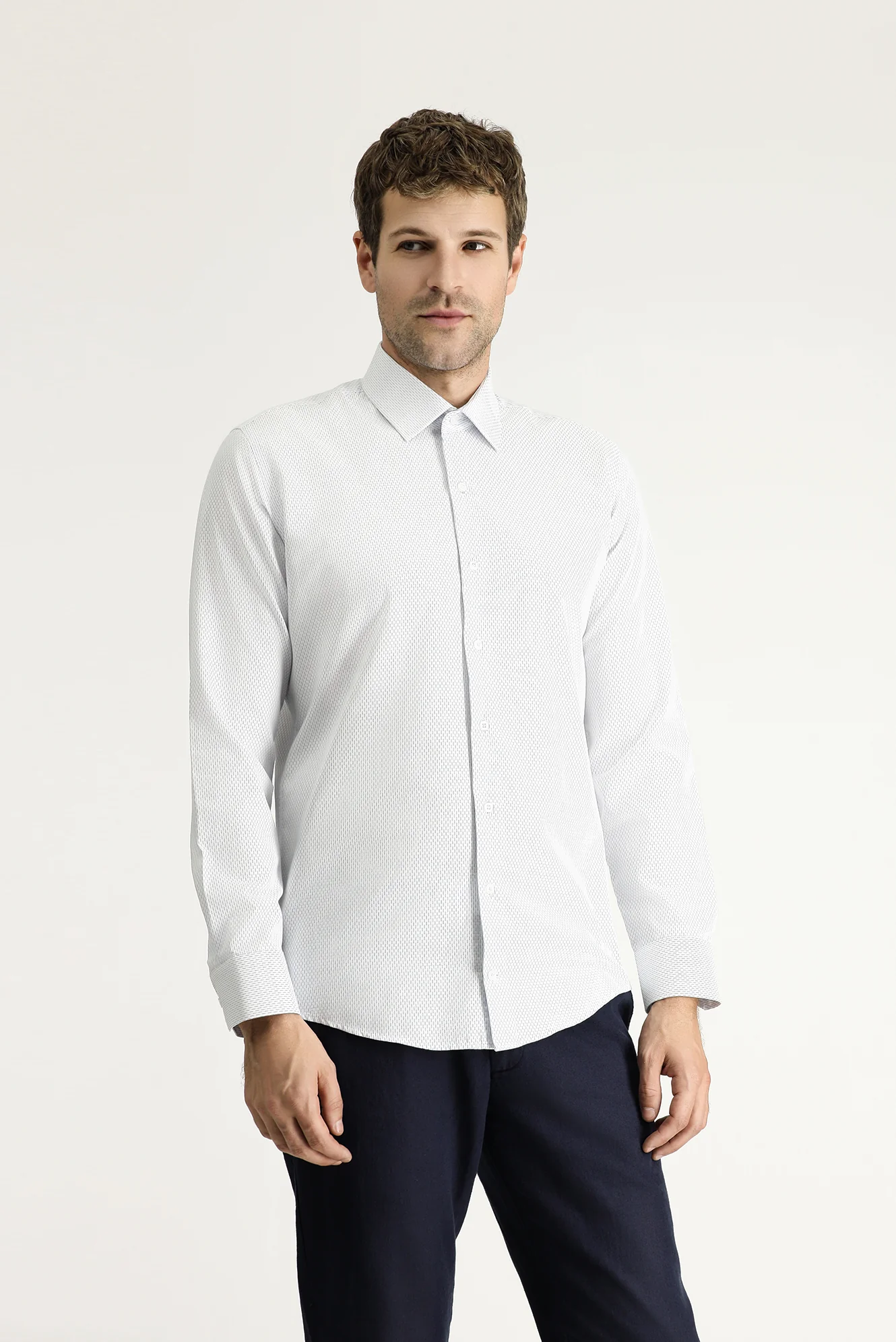 Koyu Mavi  Uzun Kol Slim Fit Dar Kesim Klasik Desenli Pamuk Gömlek - Image 3
