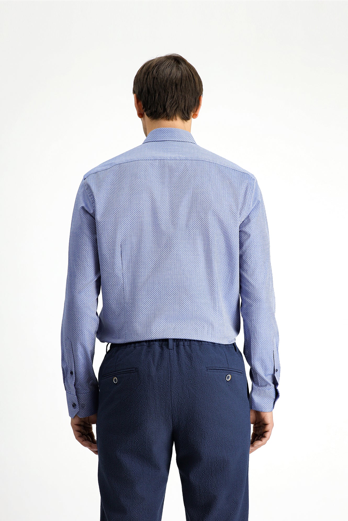 Koyu Mavi Uzun Kol Slim Fit Dar Kesim Klasik Desenli Pamuk Gömlek - Image 5