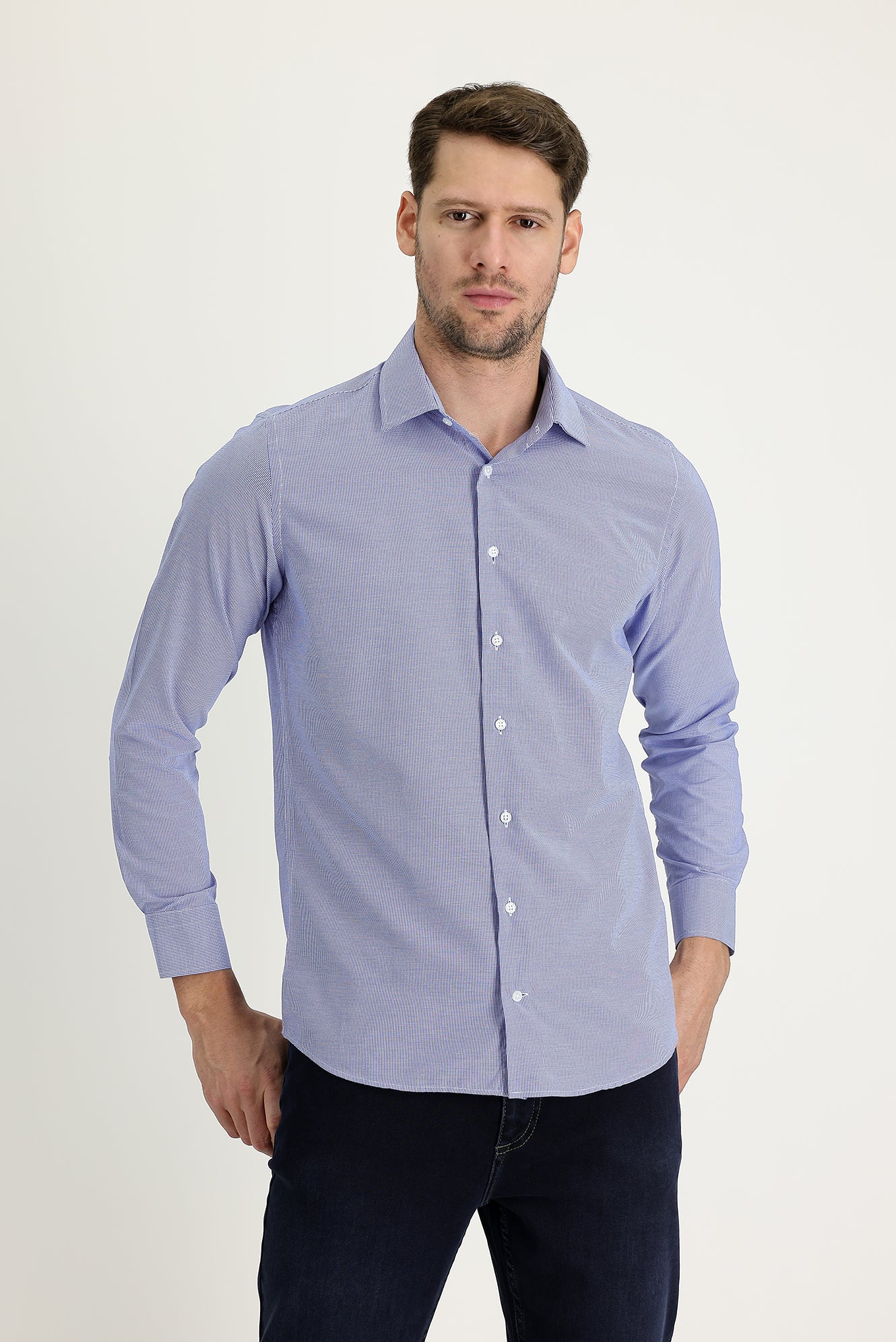 Koyu Mavi Uzun Kol Slim Fit Dar Kesim Klasik Desenli Pamuklu Kolay Ütülenebilir Gömlek