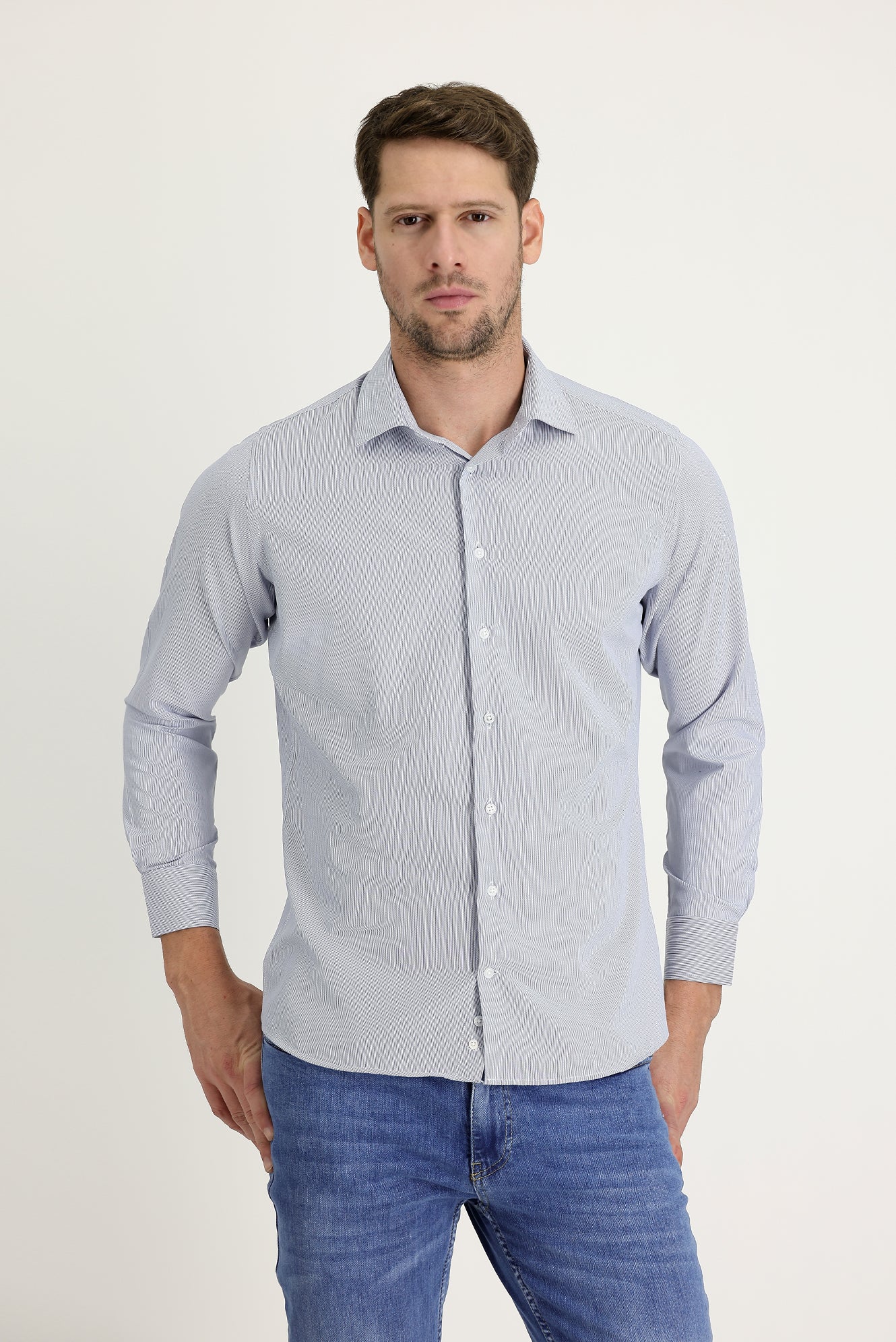 Koyu Mavi Uzun Kol Slim Fit Dar Kesim Klasik Desenli Pamuklu Kolay Ütülenebilir Gömlek