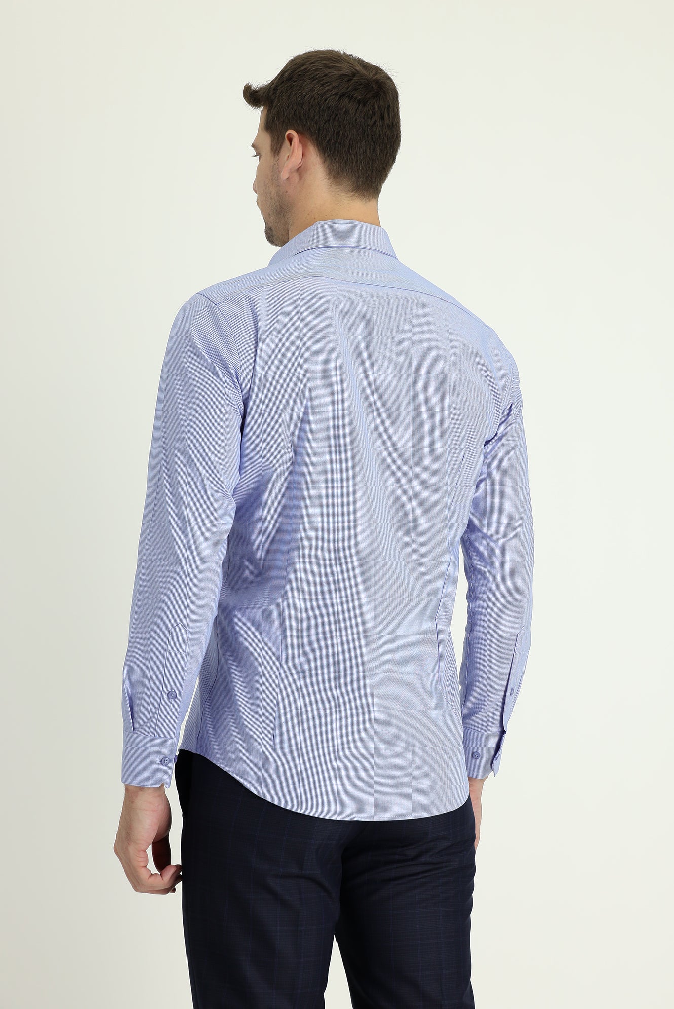 Koyu Mavi  Uzun Kol Slim Fit Dar Kesim Klasik Desenli Pamuklu Kolay Ütülenebilir Gömlek - Image 3