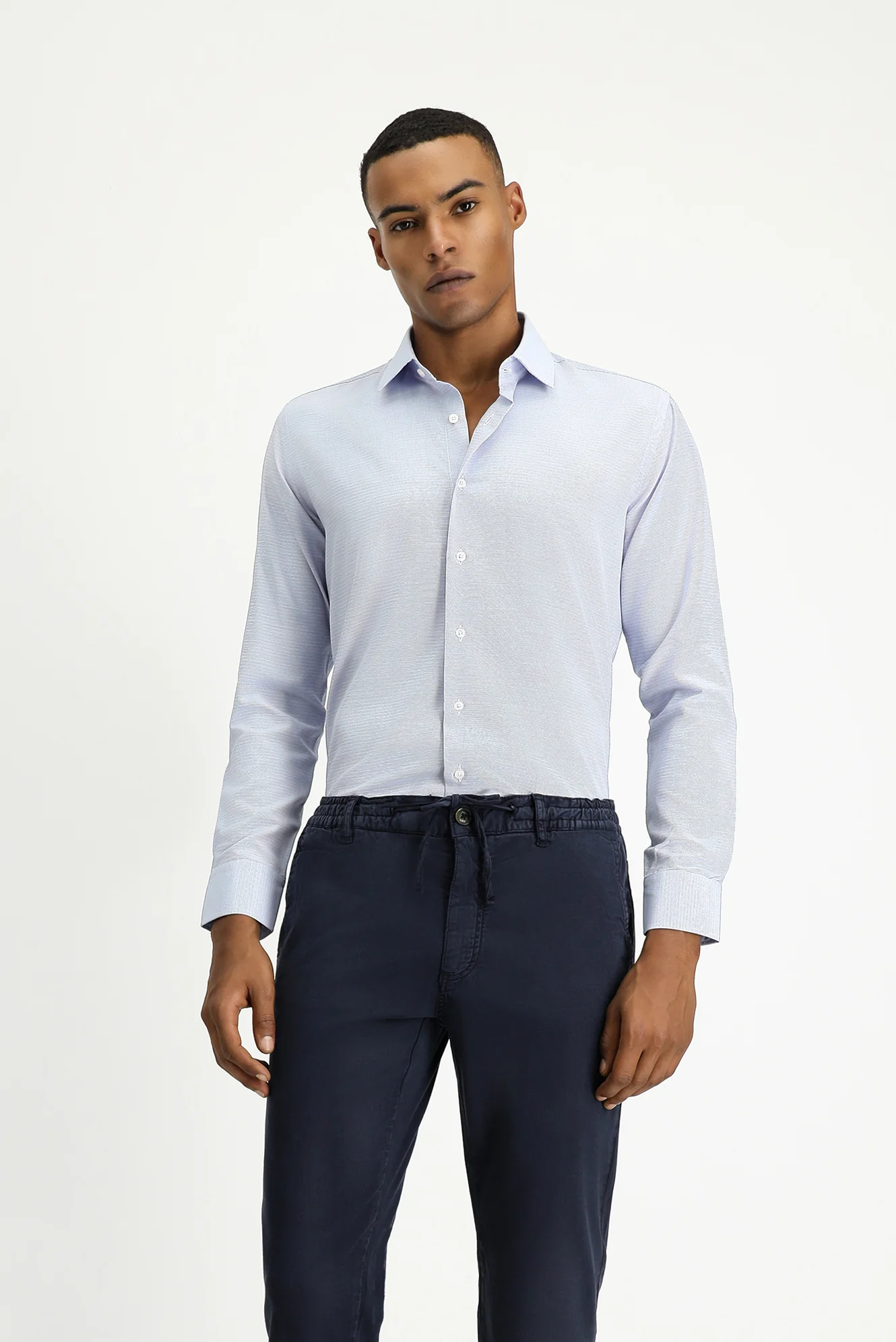 Koyu Mavi Uzun Kol Slim Fit Klasik Yaka Pamuklu Kolay Ütülenebilir Desenli Gömlek - Image 3