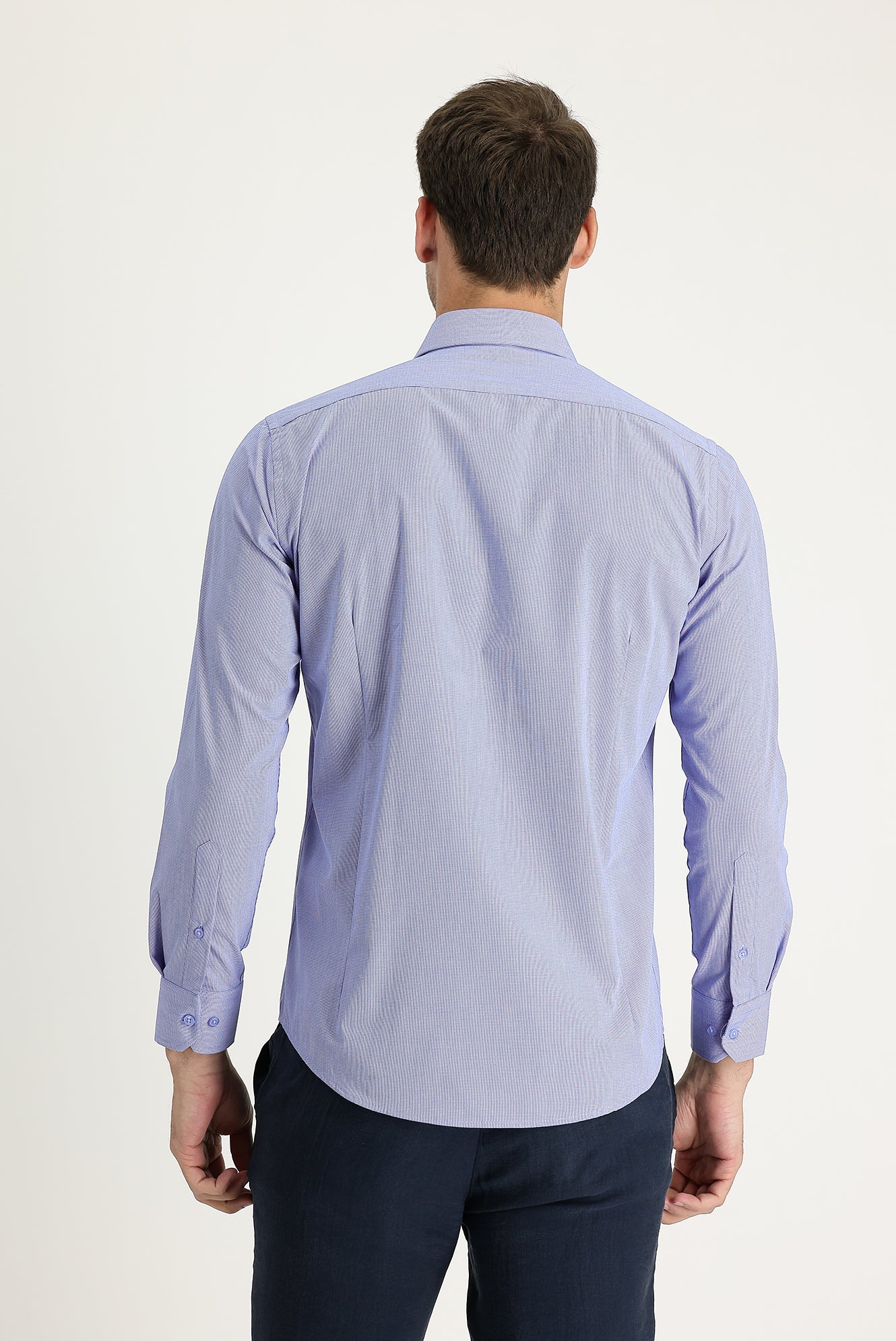 Koyu Mavi  Uzun Kol Slim Fit Dar Kesim Klasik Desenli Pamuklu Kolay Ütülenebilir Gömlek - Image 3