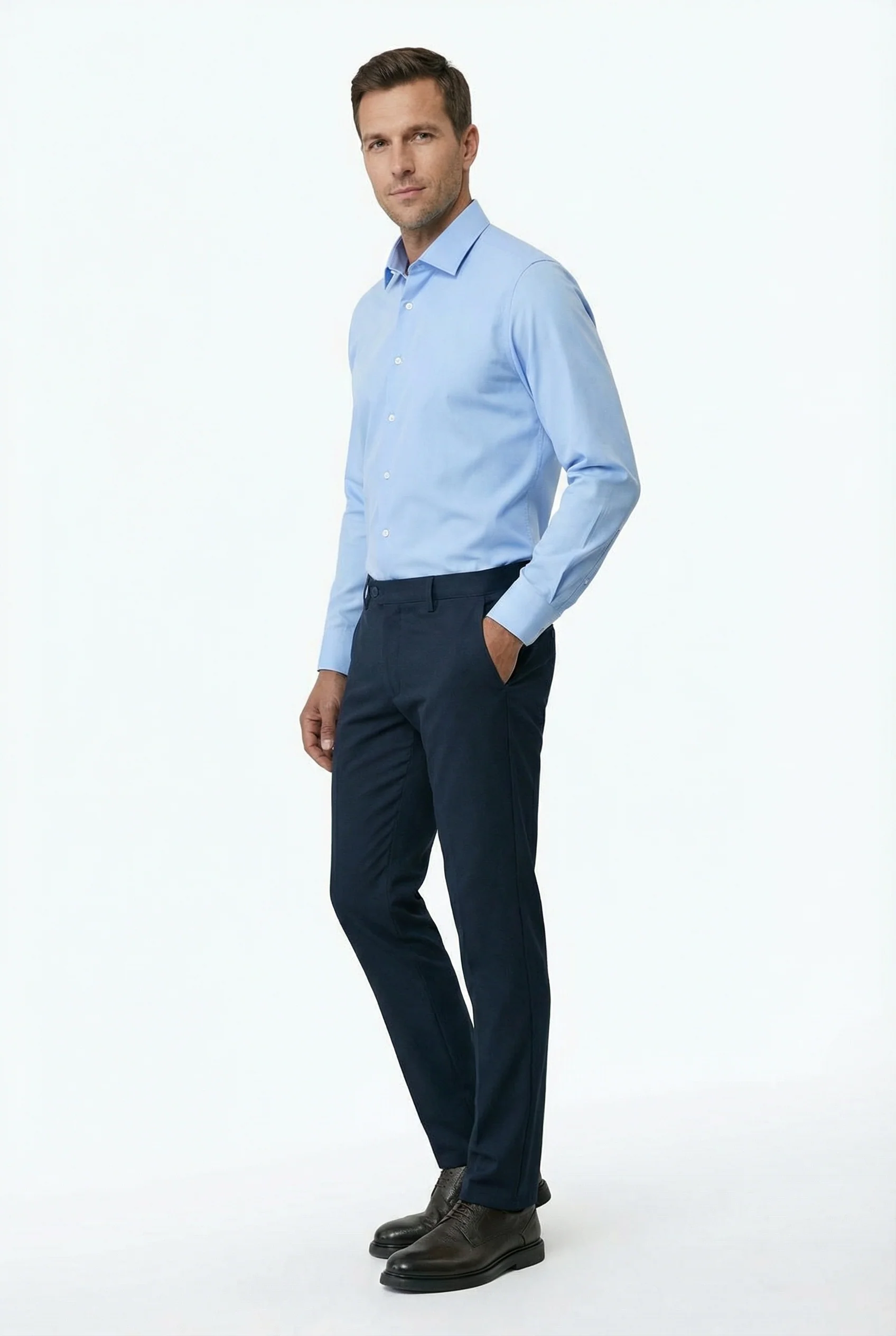 Koyu Mavi  Uzun Kol Slim Fit Dar Kesim Klasik Nano Care Su İtici Leke Tutmaz 4 Mevsim Pamuk Gömlek - Image 4