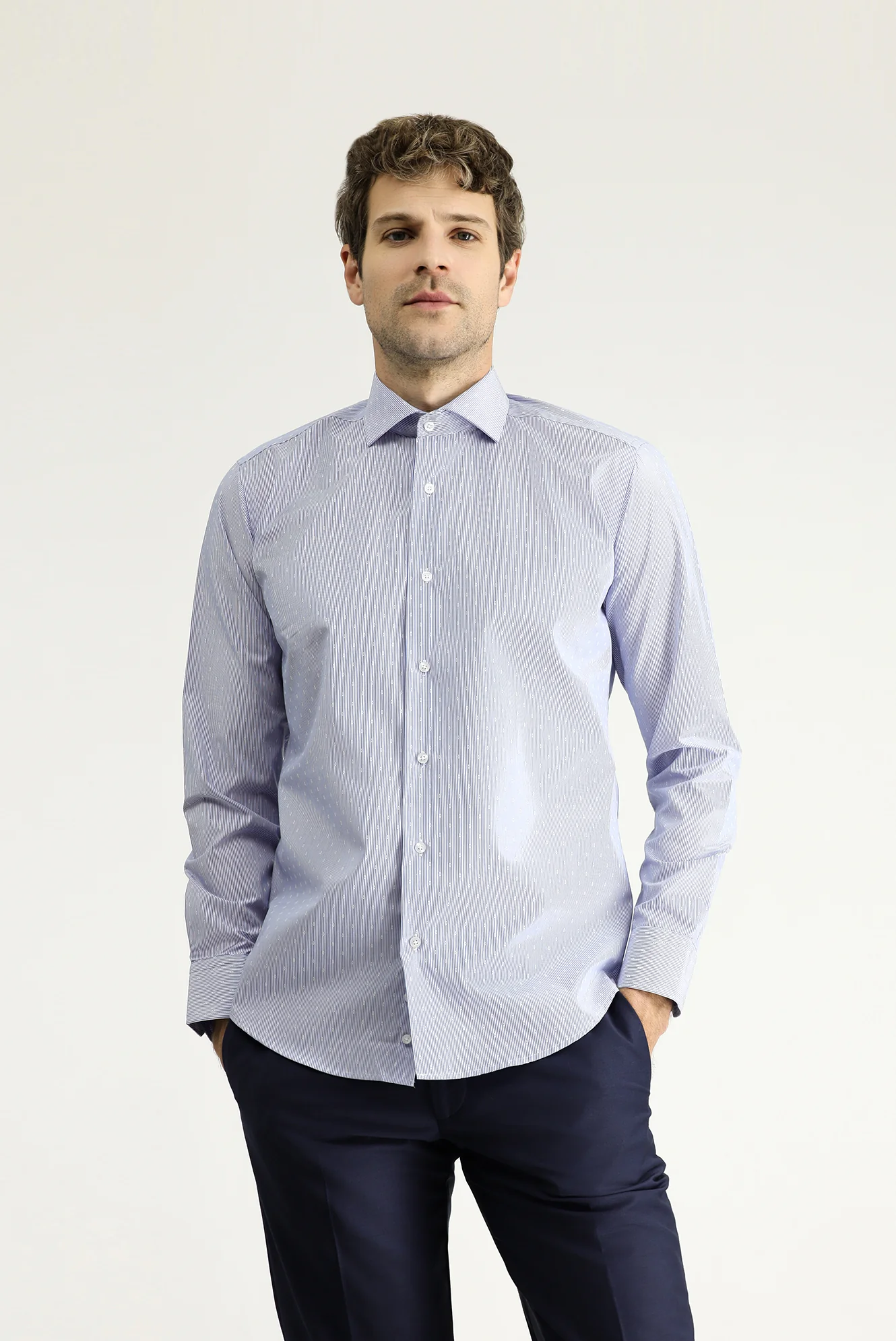 Koyu Mavi Uzun Kol Slim Fit Dar Kesim Non Iron Klasik Desenli Pamuklu Gömlek - Image 3