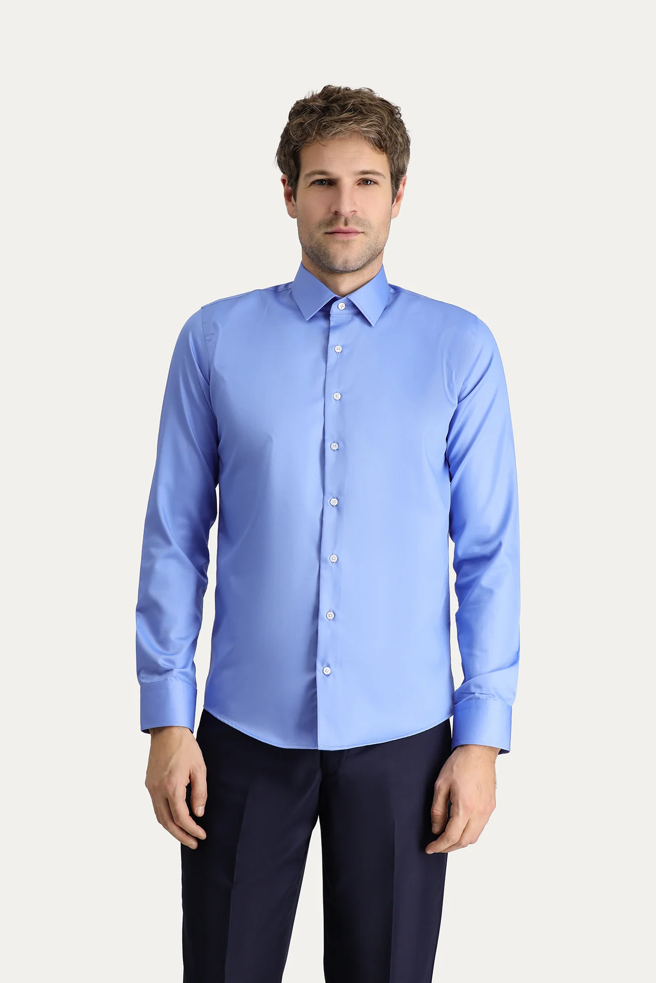 Koyu Mavi  Uzun Kol Slim Fit Dar Kesim Non Iron Klasik Pamuklu Gömlek - Image 3