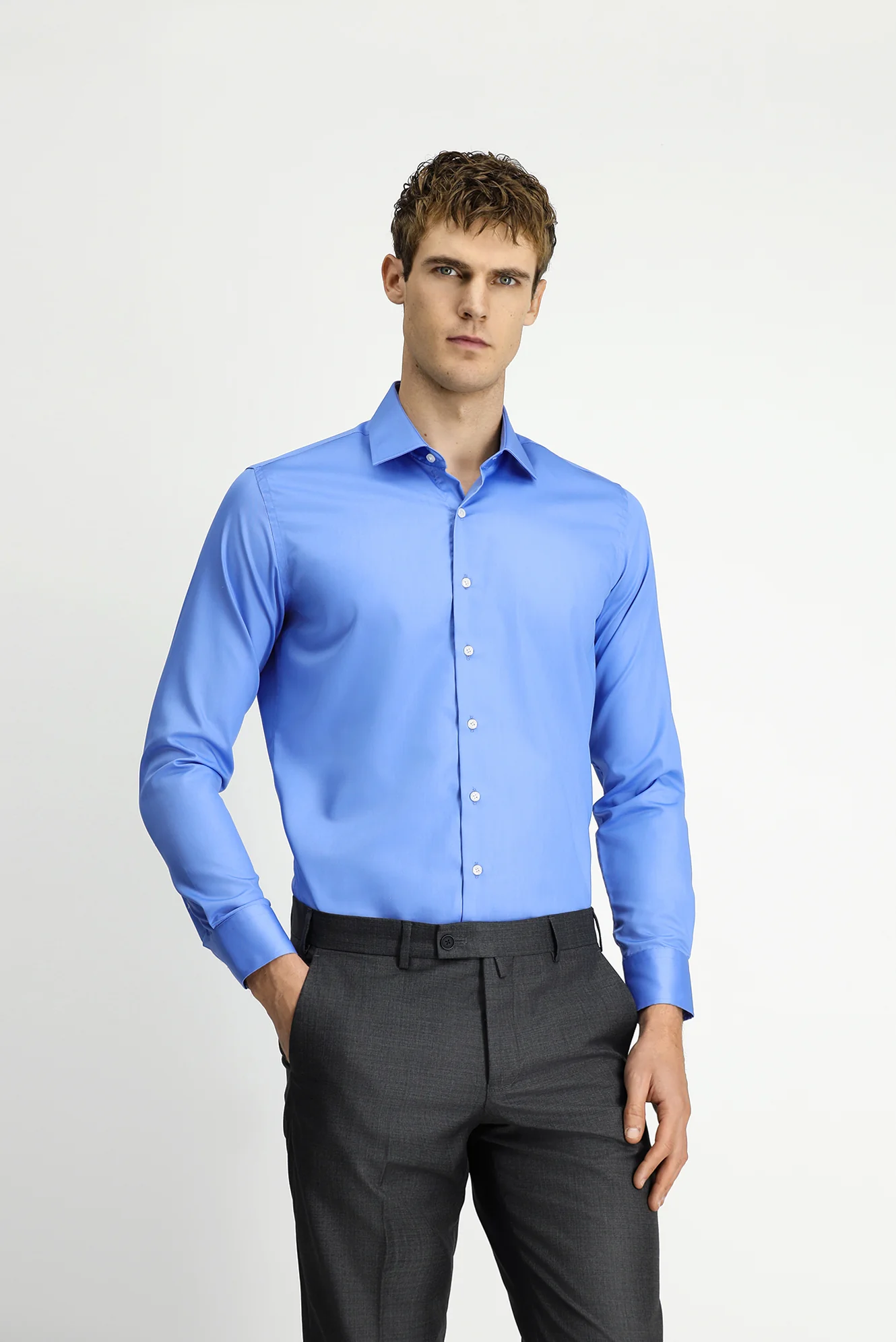 Koyu Mavi  Uzun Kol Slim Fit Dar Kesim Pamuklu Non Iron Ütü Gerektirmeyen Saten Klasik Gömlek