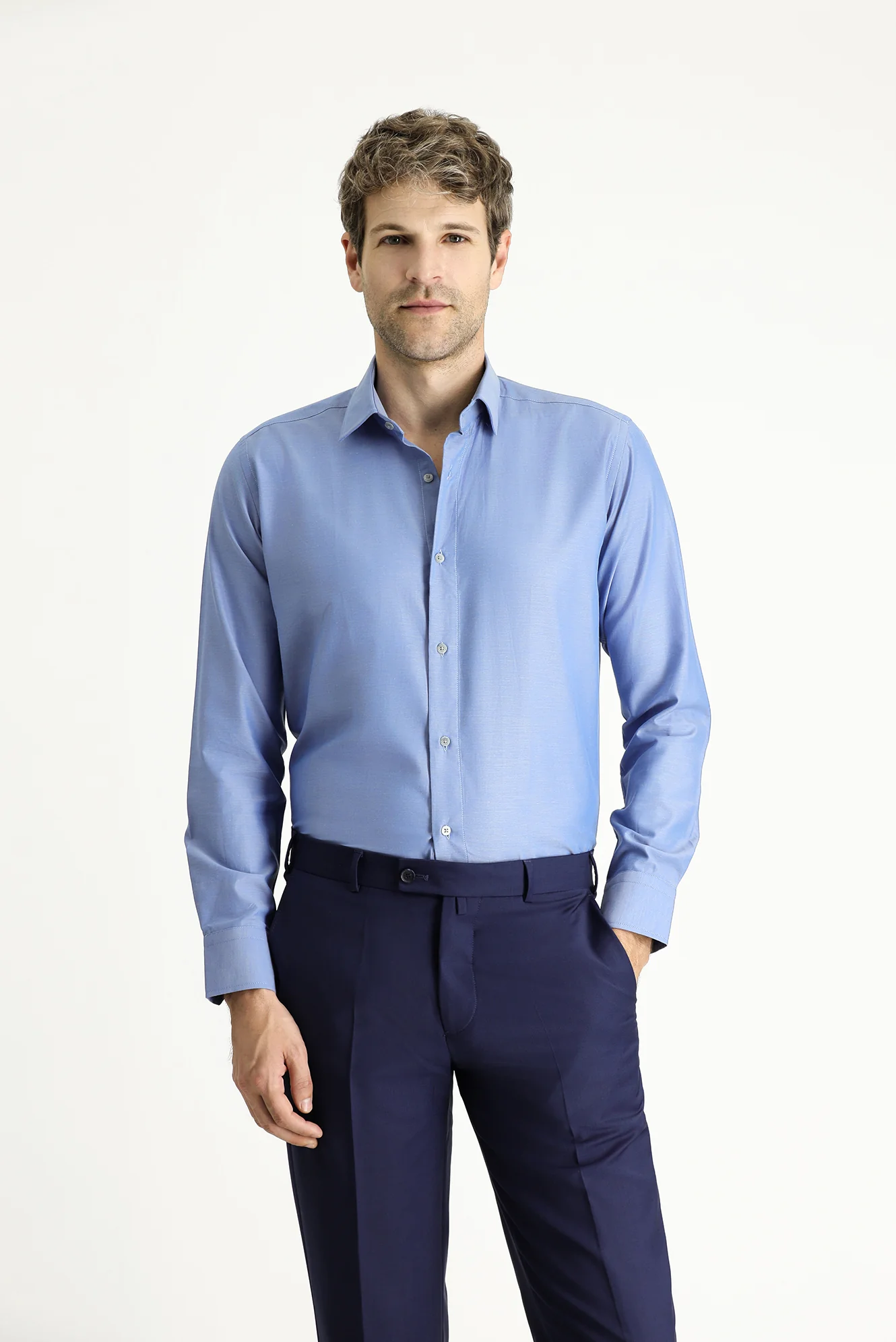 Koyu Mavi Uzun Kol Slim Fit Dar Kesim Spor Pamuk Gömlek