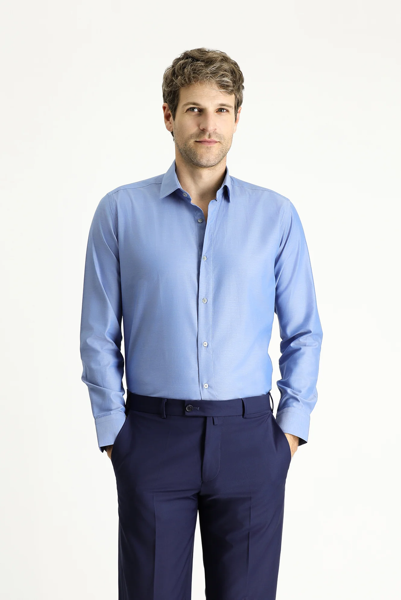 Koyu Mavi Uzun Kol Slim Fit Dar Kesim Spor Pamuk Gömlek - Image 2