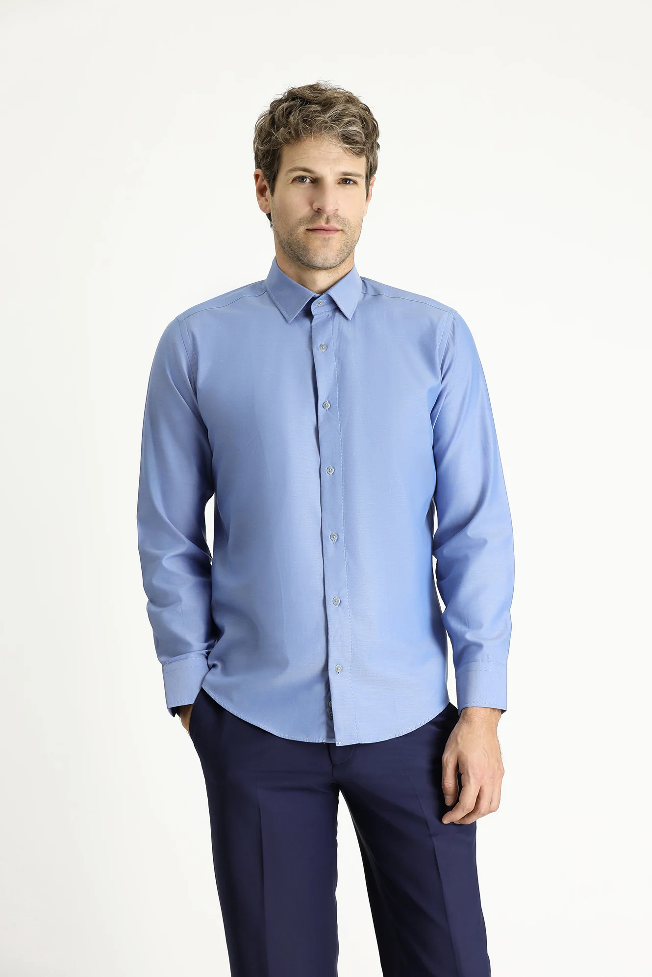 Koyu Mavi Uzun Kol Slim Fit Dar Kesim Spor Pamuk Gömlek - Image 3