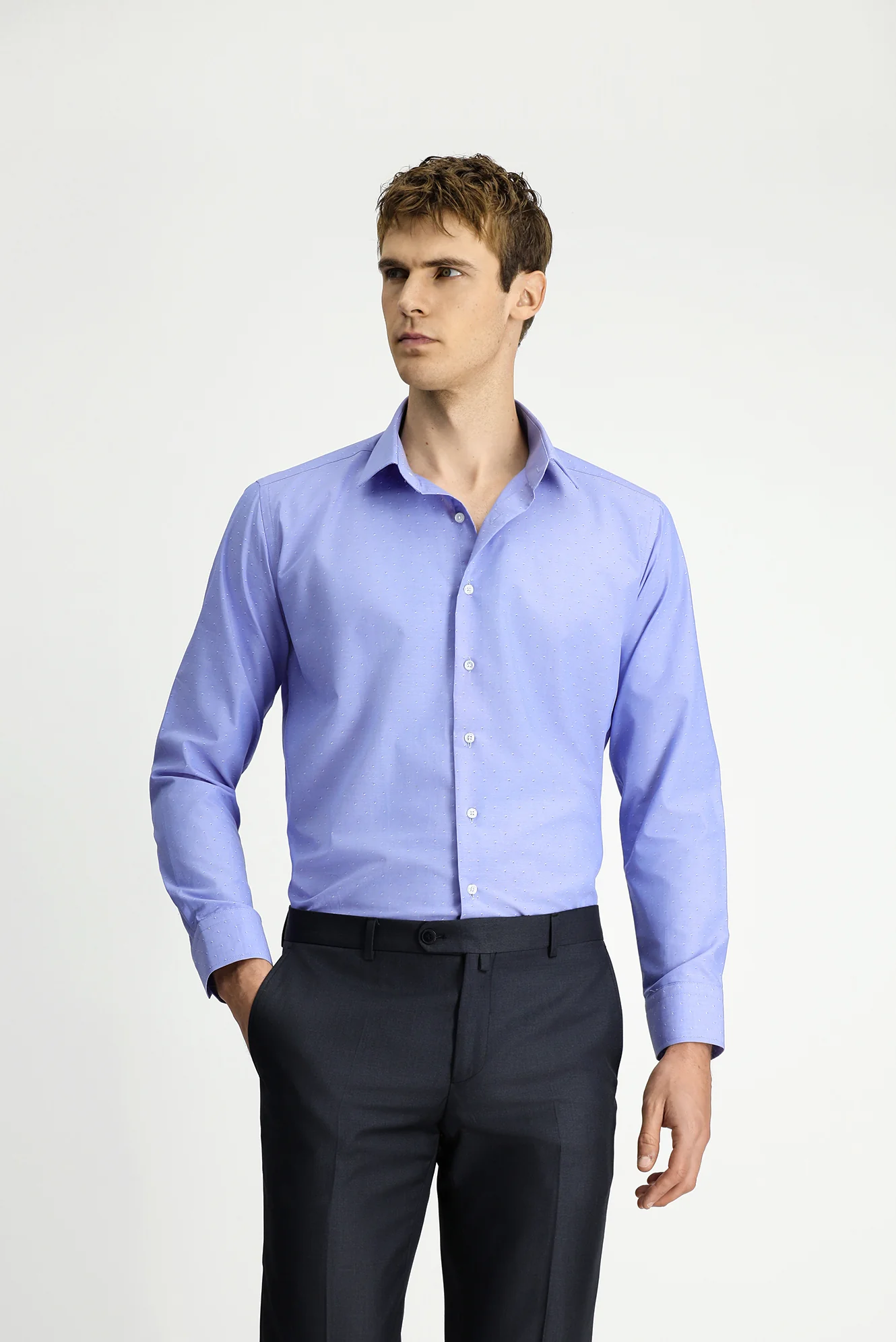Koyu Mavi Uzun Kol Slim Fit Desenli Klasik Pamuk Gömlek
