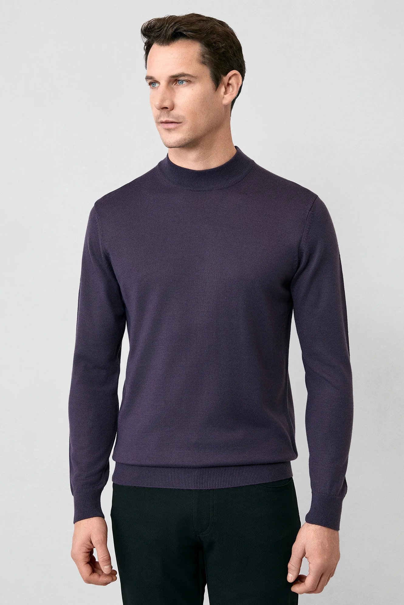 Koyu Mor Yarım Balıkçı Yaka Regular Fit Yünlü Basic Örme Triko Kazak - Image 5