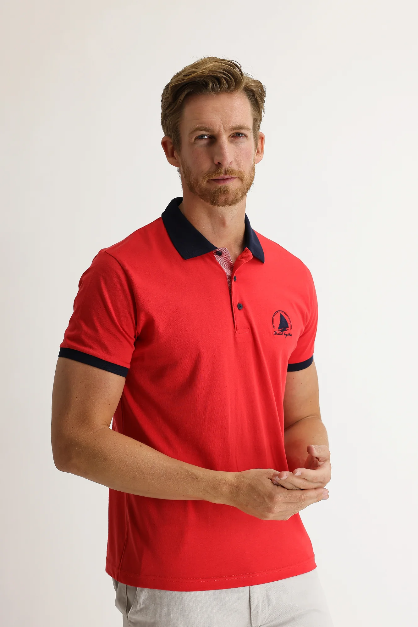 Koyu Nar Çiçeği Polo Yaka Slim Fit Dar Kesim Desenli Tişört - Image 2