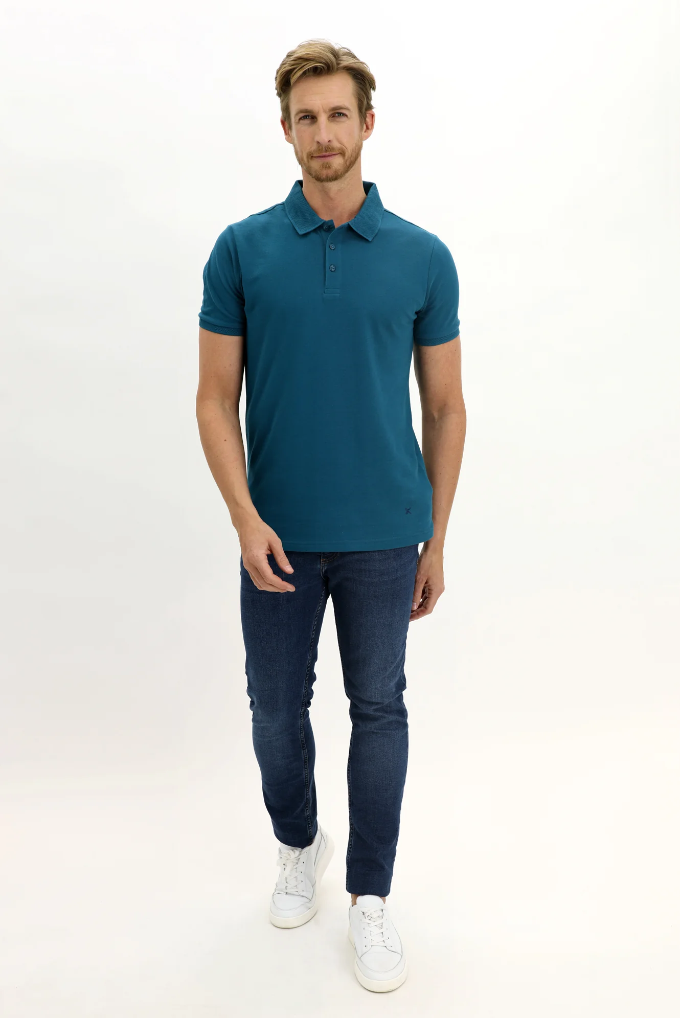 Koyu Petrol Polo Yaka Slim Fit Dar Kesim Nakışlı Pamuk Tişört - Image 2