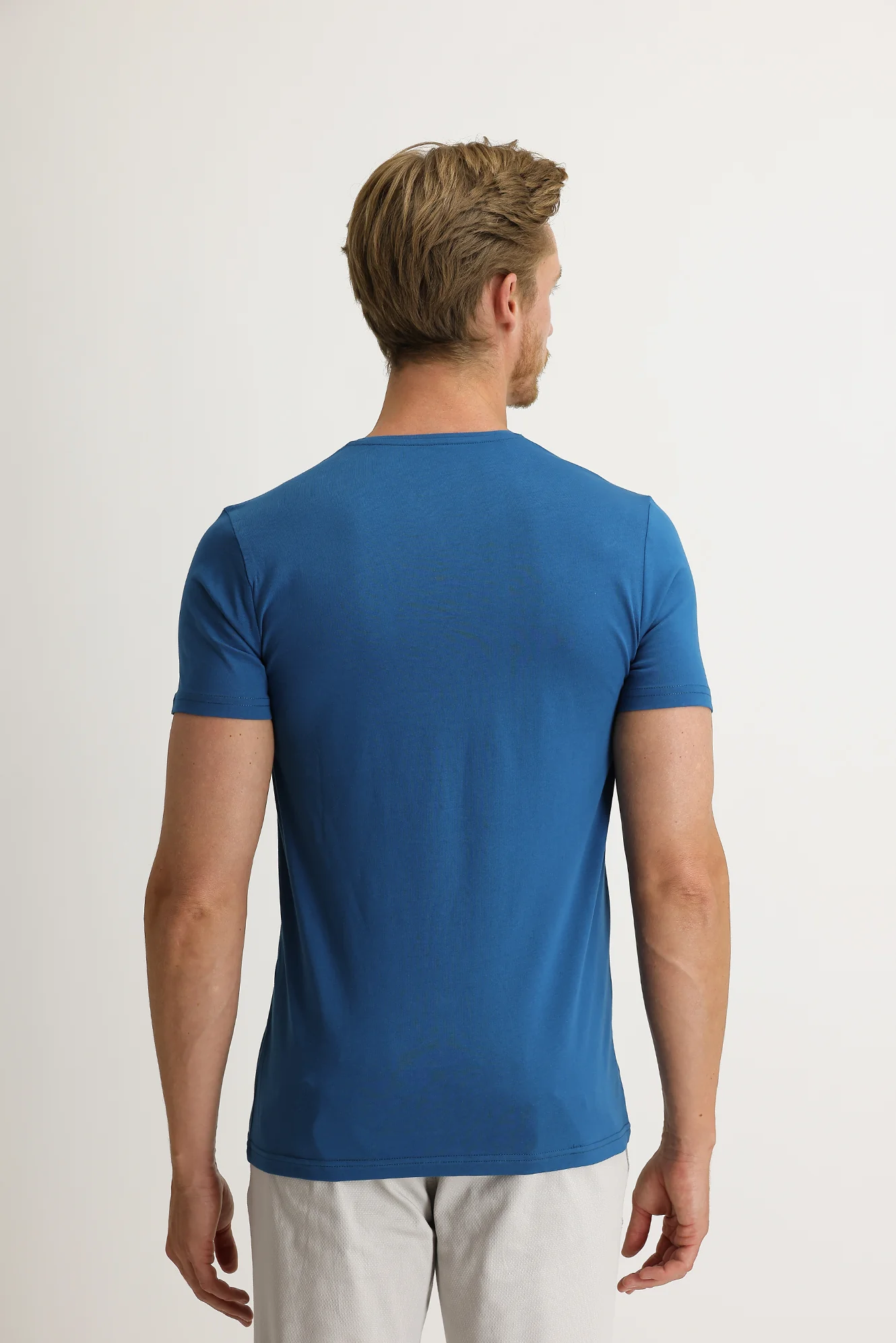 Koyu Petrol V Yaka Slim Fit Dar Kesim Pamuk Tişört - Image 5