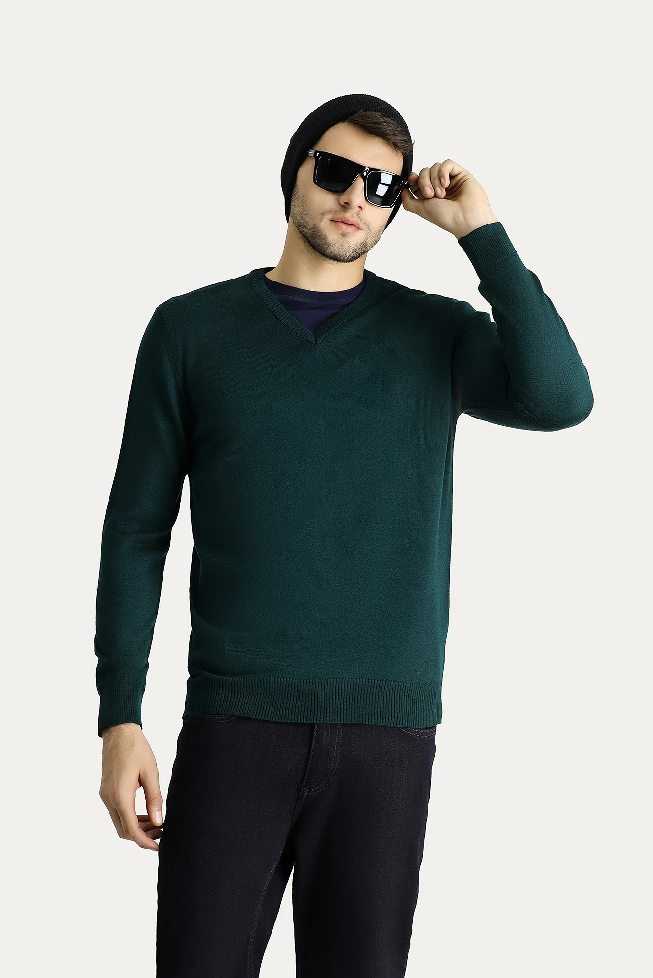 Koyu Petrol V Yaka Slim Fit Dar Kesim Triko Kazak