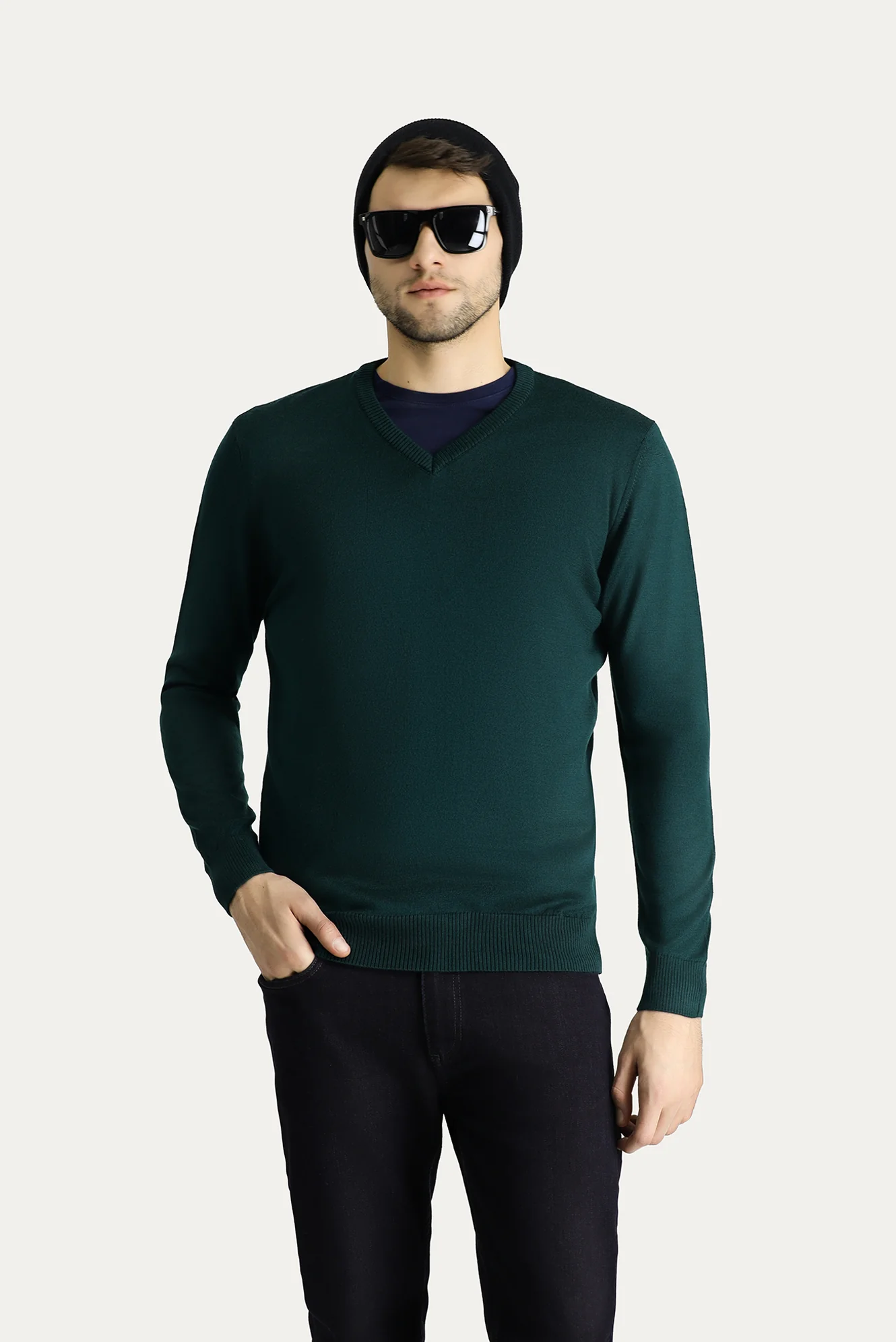 Koyu Petrol V Yaka Slim Fit Dar Kesim Triko Kazak - Image 2