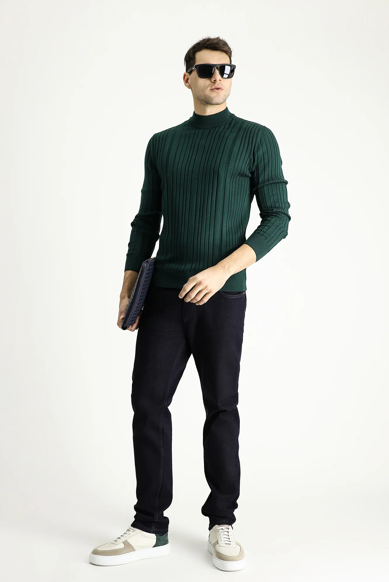 Koyu Petrol Yarım Balıkçı Yaka Slim Fit Dar Kesim Desenli Triko Kazak - Image 2