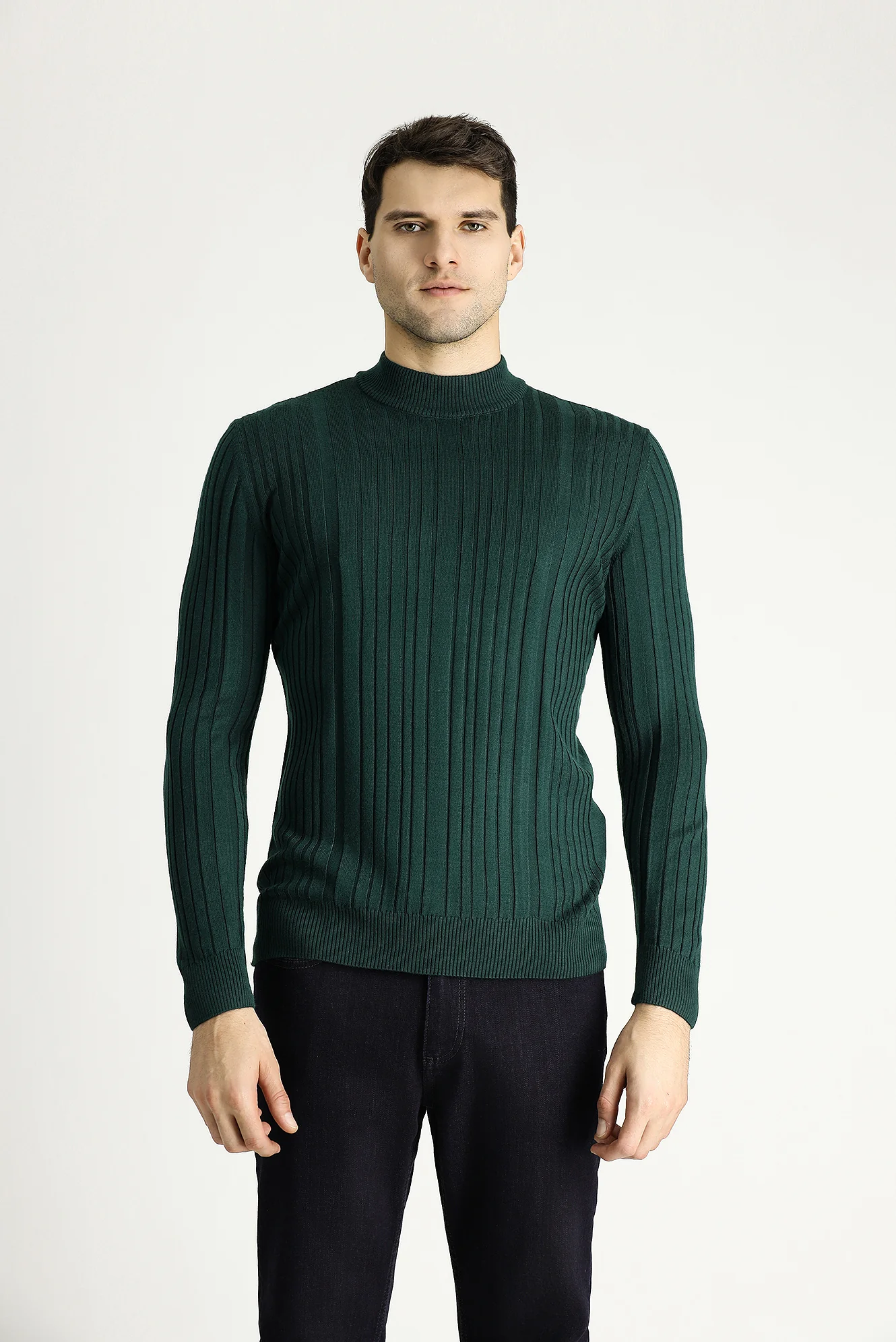 Koyu Petrol Yarım Balıkçı Yaka Slim Fit Dar Kesim Desenli Triko Kazak - Image 3