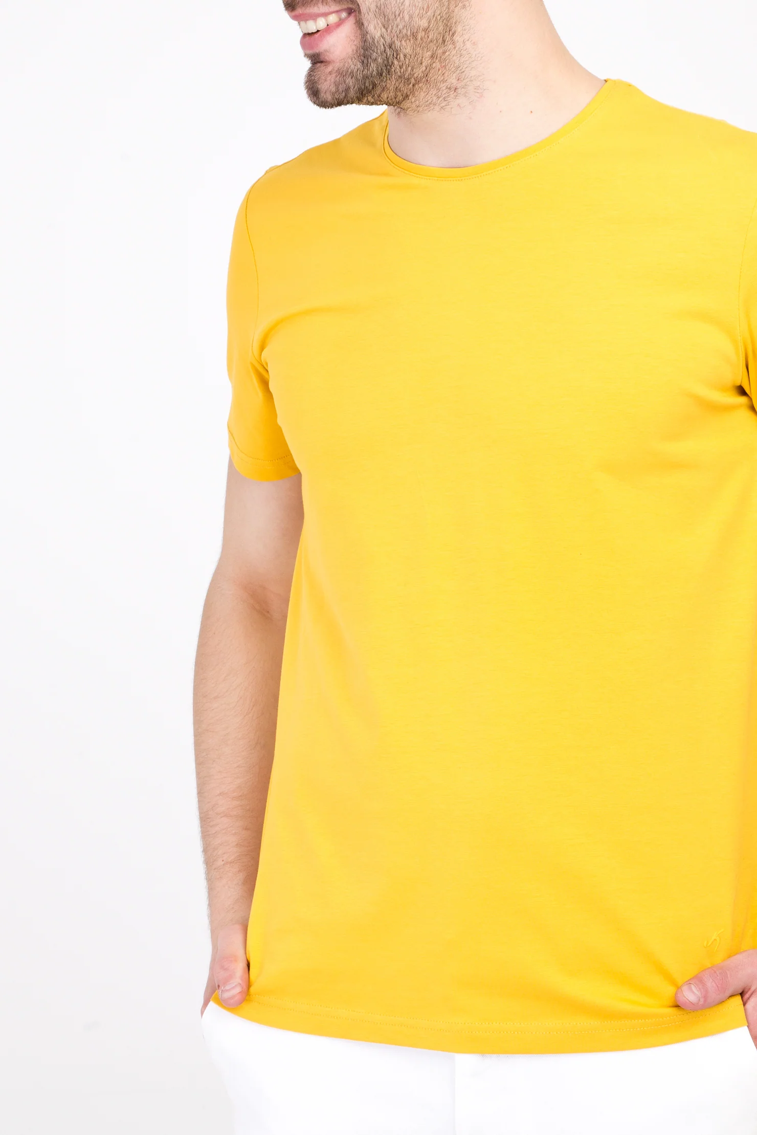 Koyu Sarı Bisiklet Yaka Slim Fit Dar Kesim Tişört - Image 2
