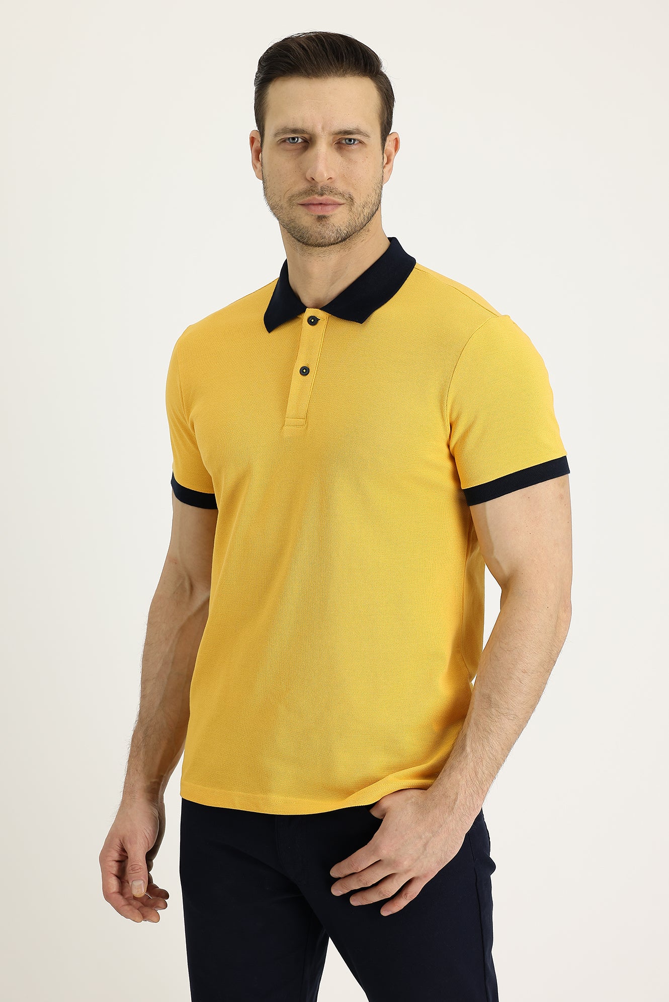 Koyu Sarı Polo Yaka Slim Fit Dar Kesim Desenli Pamuk Tişört - Image 2