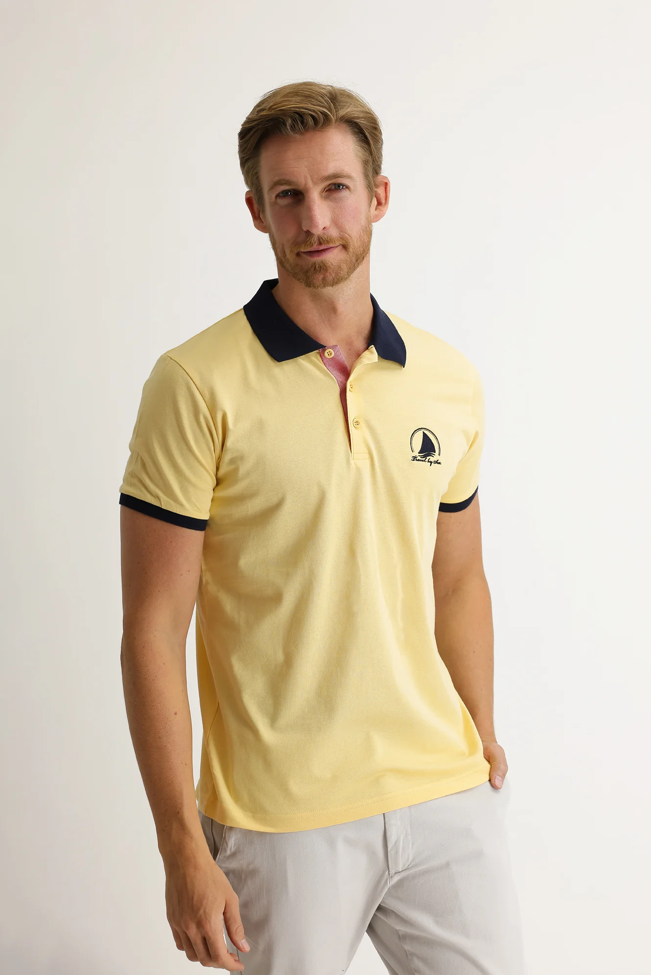 Koyu Sarı Polo Yaka Slim Fit Dar Kesim Desenli Tişört - Image 2