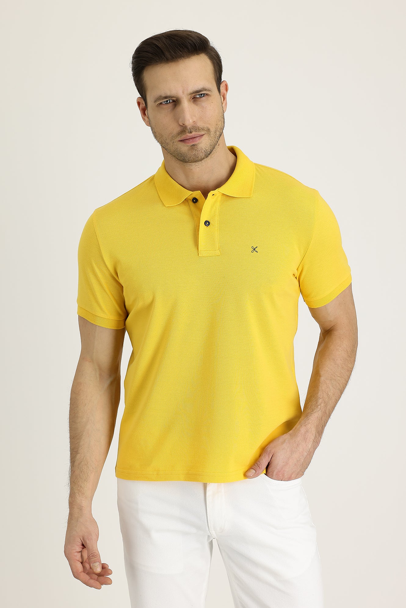 Koyu Sarı Polo Yaka Slim Fit Dar Kesim Nakışlı Pamuk Tişört - Image 2
