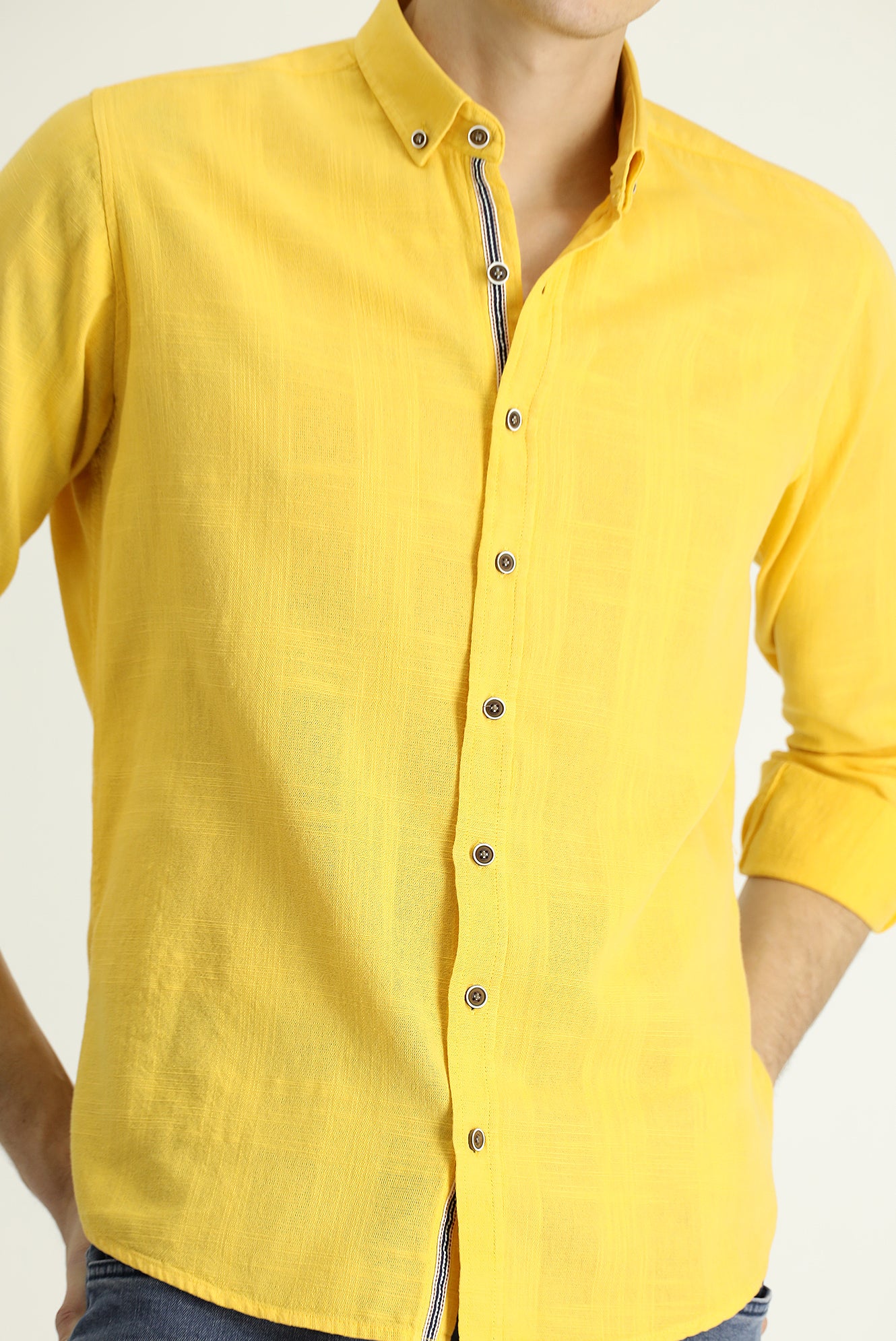 Koyu Sarı Uzun Kol Slim Fit Dar Kesim Desenli Spor Pamuk Düğmeli Yaka Gömlek - Image 6